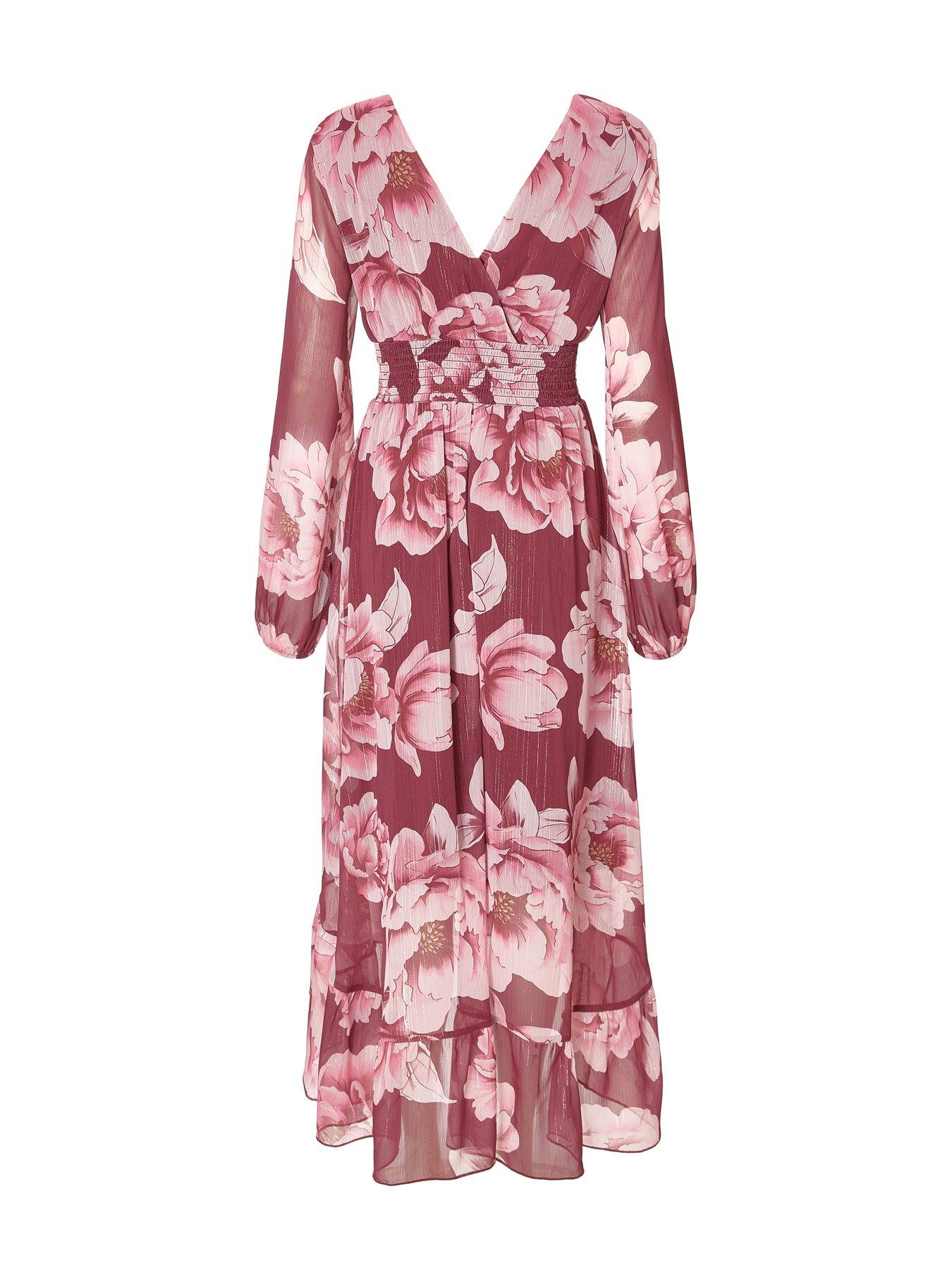  image of quiz-dark-red-floral-dip-hem-dress