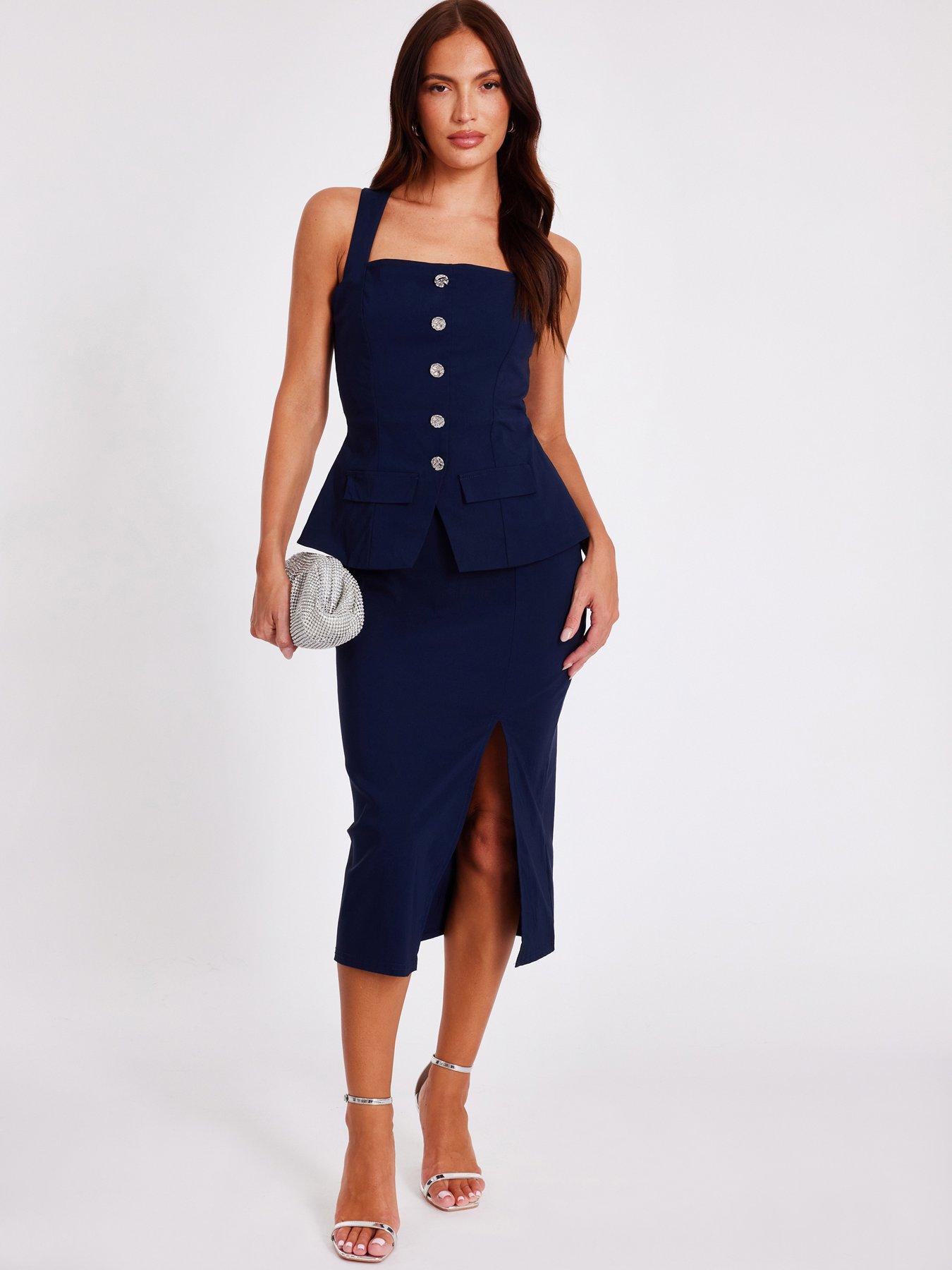 Image 1 of 6 of Quiz Navy Button Front Midi Dress