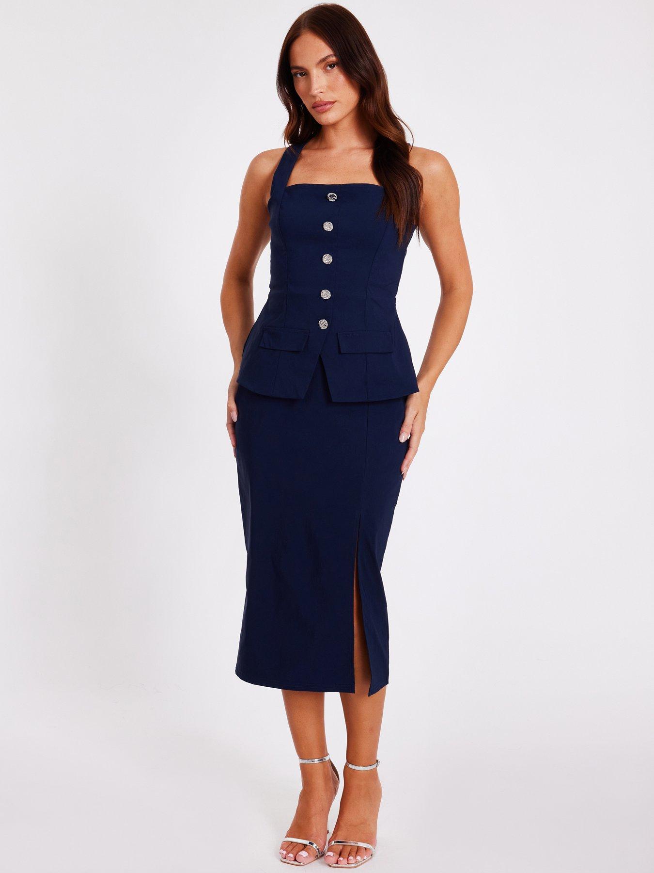 Image 3 of 6 of Quiz Navy Button Front Midi Dress