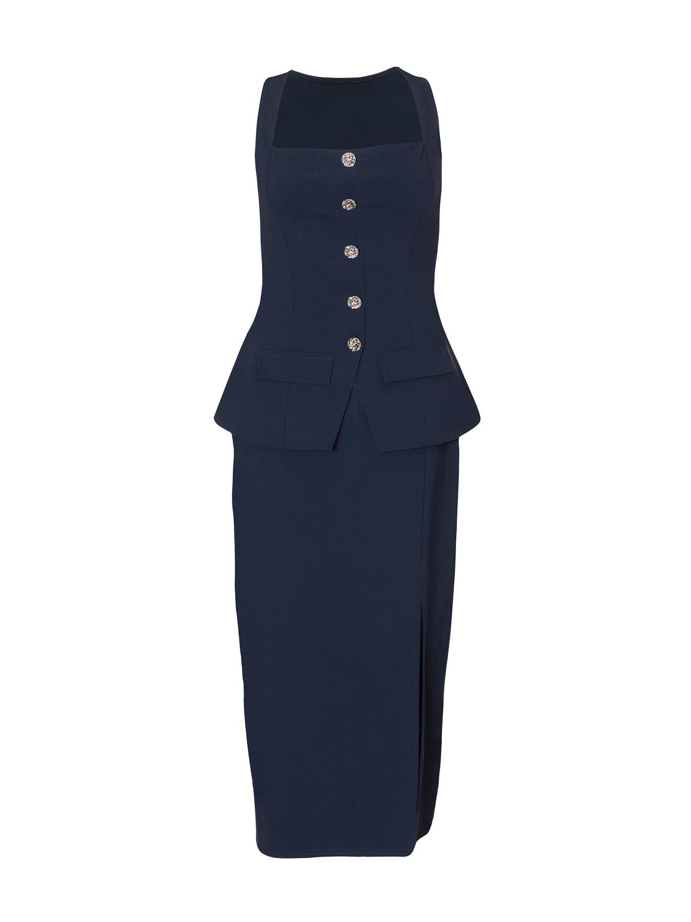 Image 4 of 6 of Quiz Navy Button Front Midi Dress