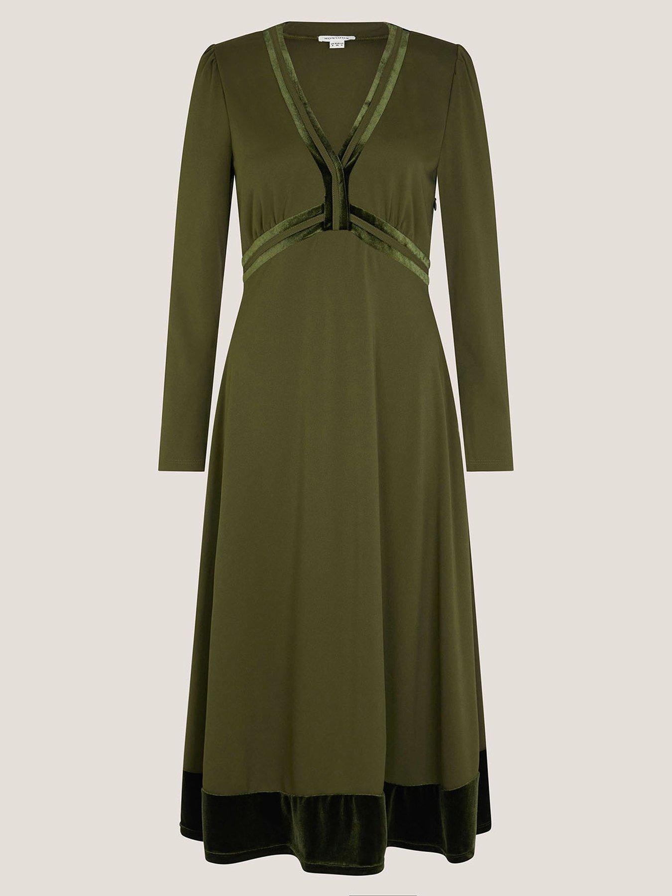  image of monsoon-viv-velvet-trim-dress-green