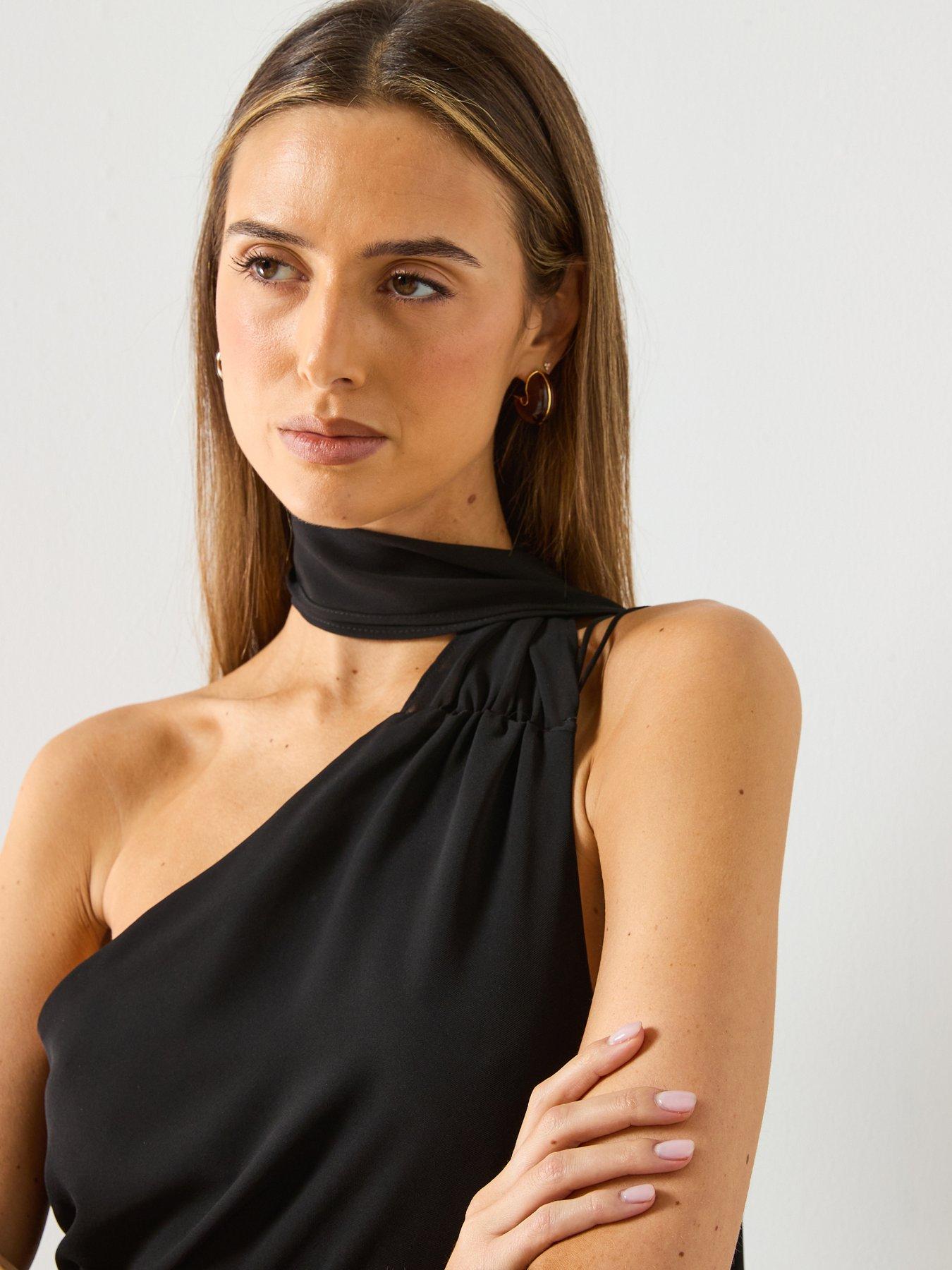  image of mango-asymmetrical-dress-with-scarf-black