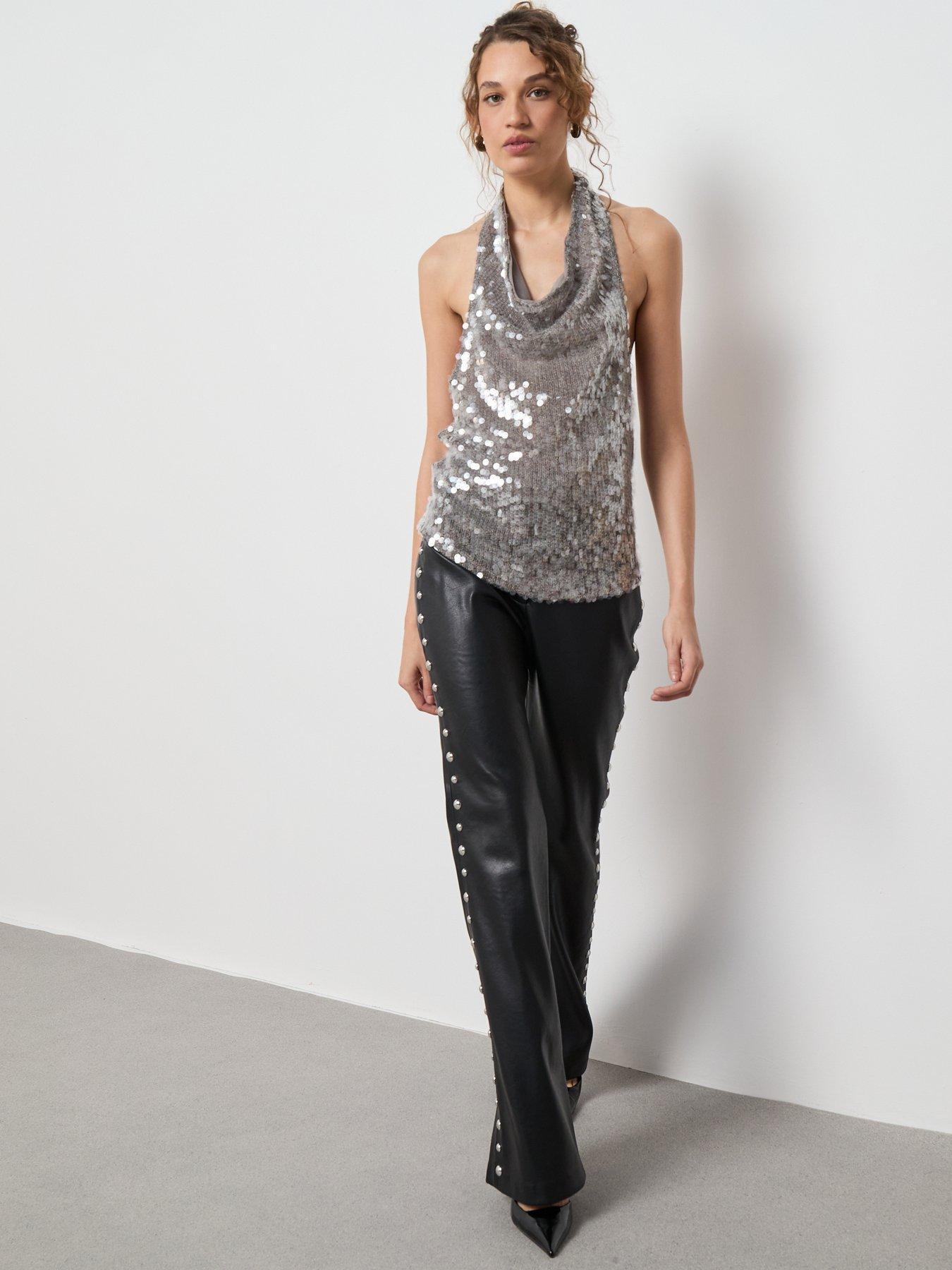  image of mango-sequin-halter-neck-top-silver