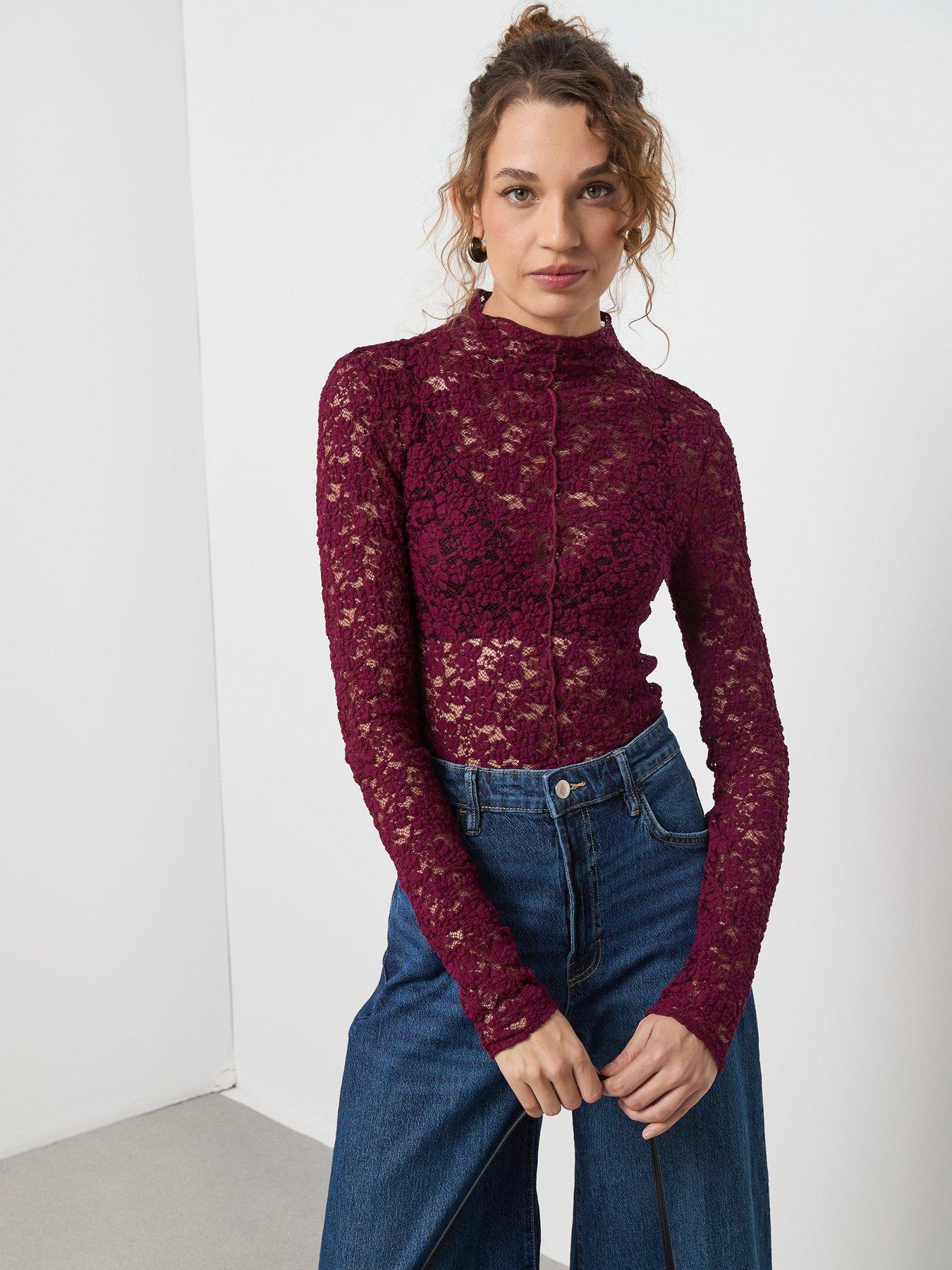 Mango Lace Top With Perkins Collar - Red