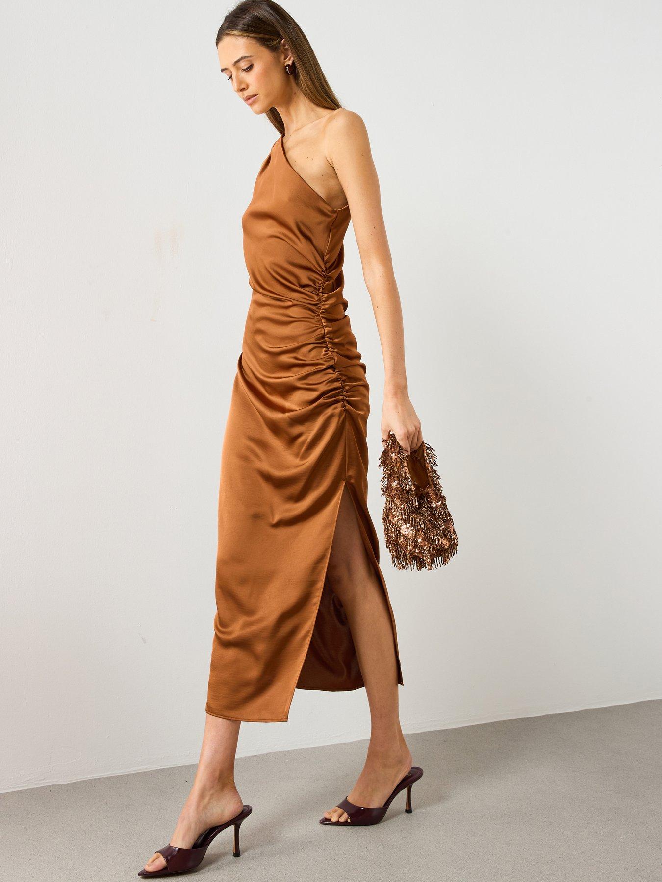 front image of mango-asymmetrical-satin-dress-orange