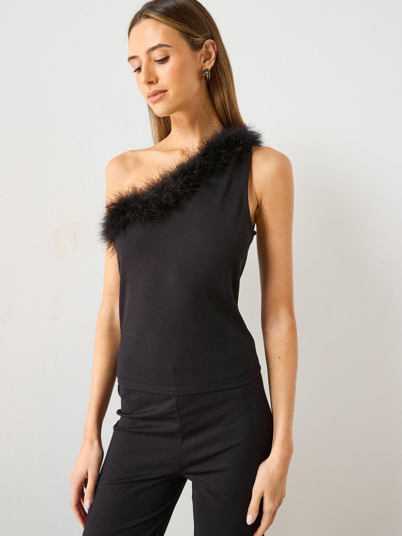 front image of mango-feather-detail-one-shoulder-top-black