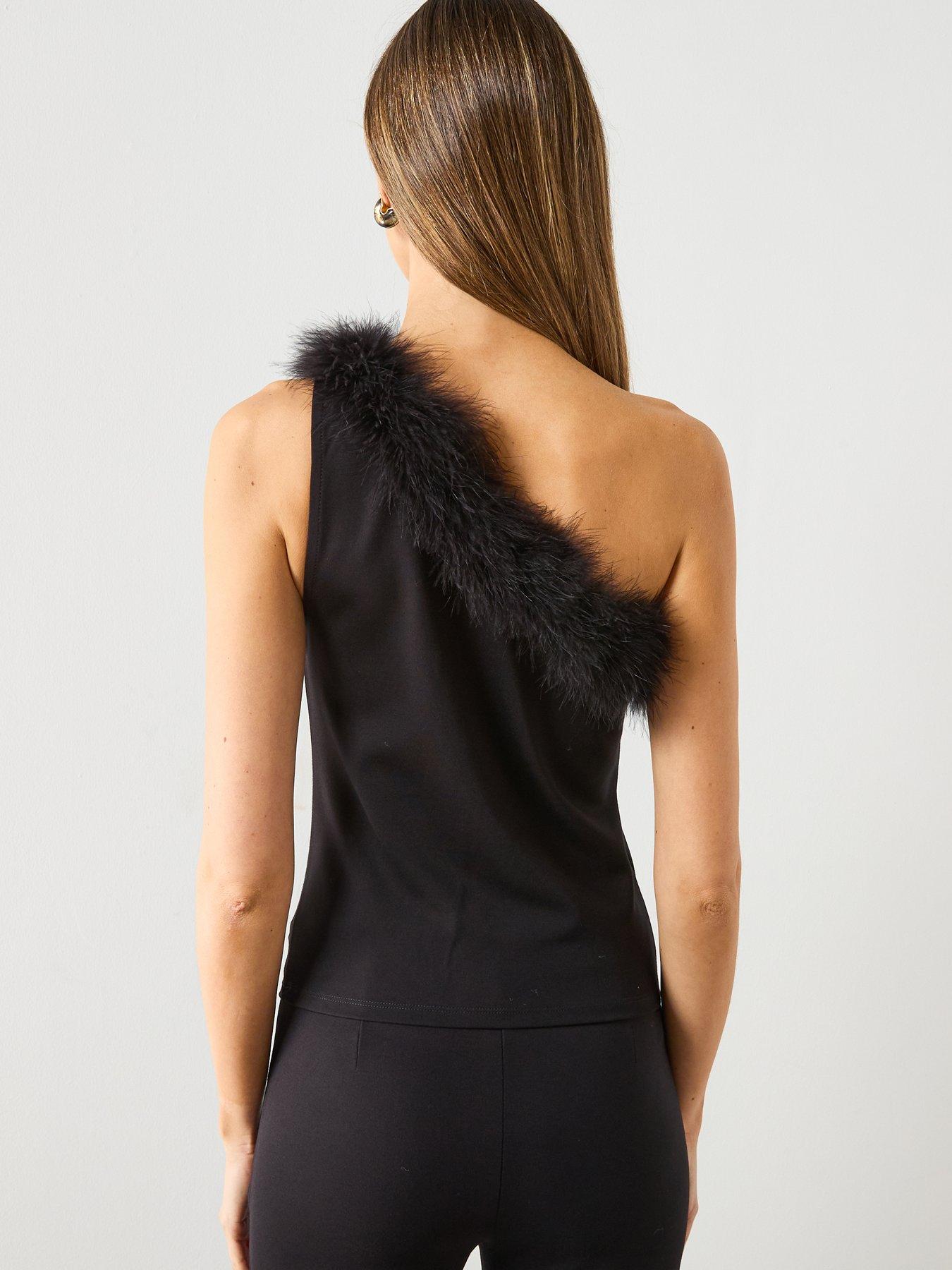 stillFront image of mango-feather-detail-one-shoulder-top-black