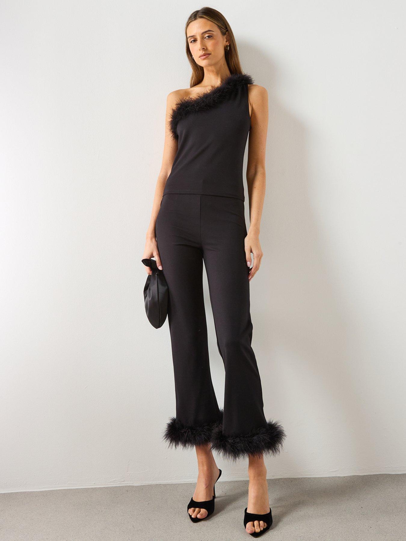  image of mango-feather-detail-one-shoulder-top-black