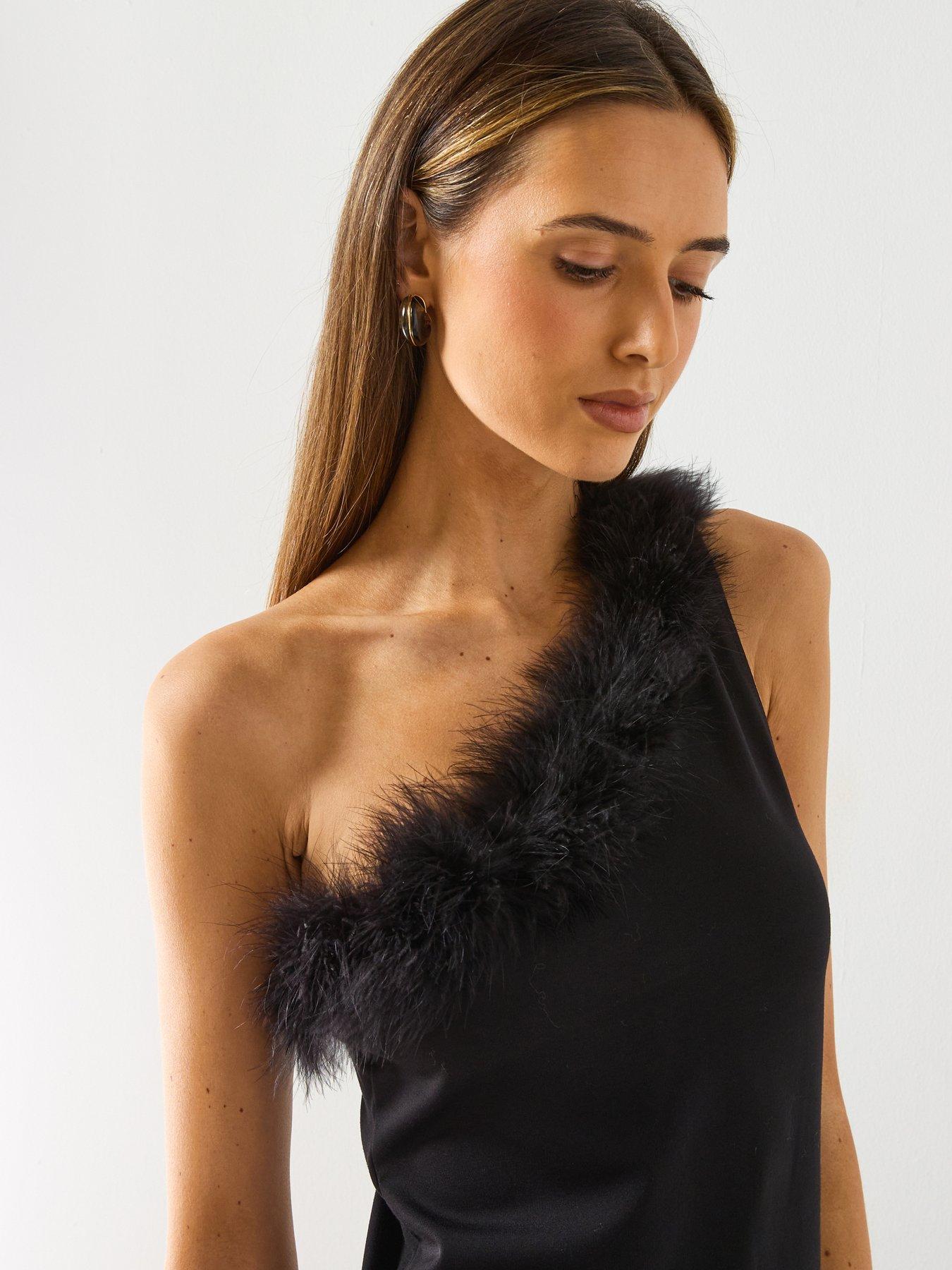  image of mango-feather-detail-one-shoulder-top-black