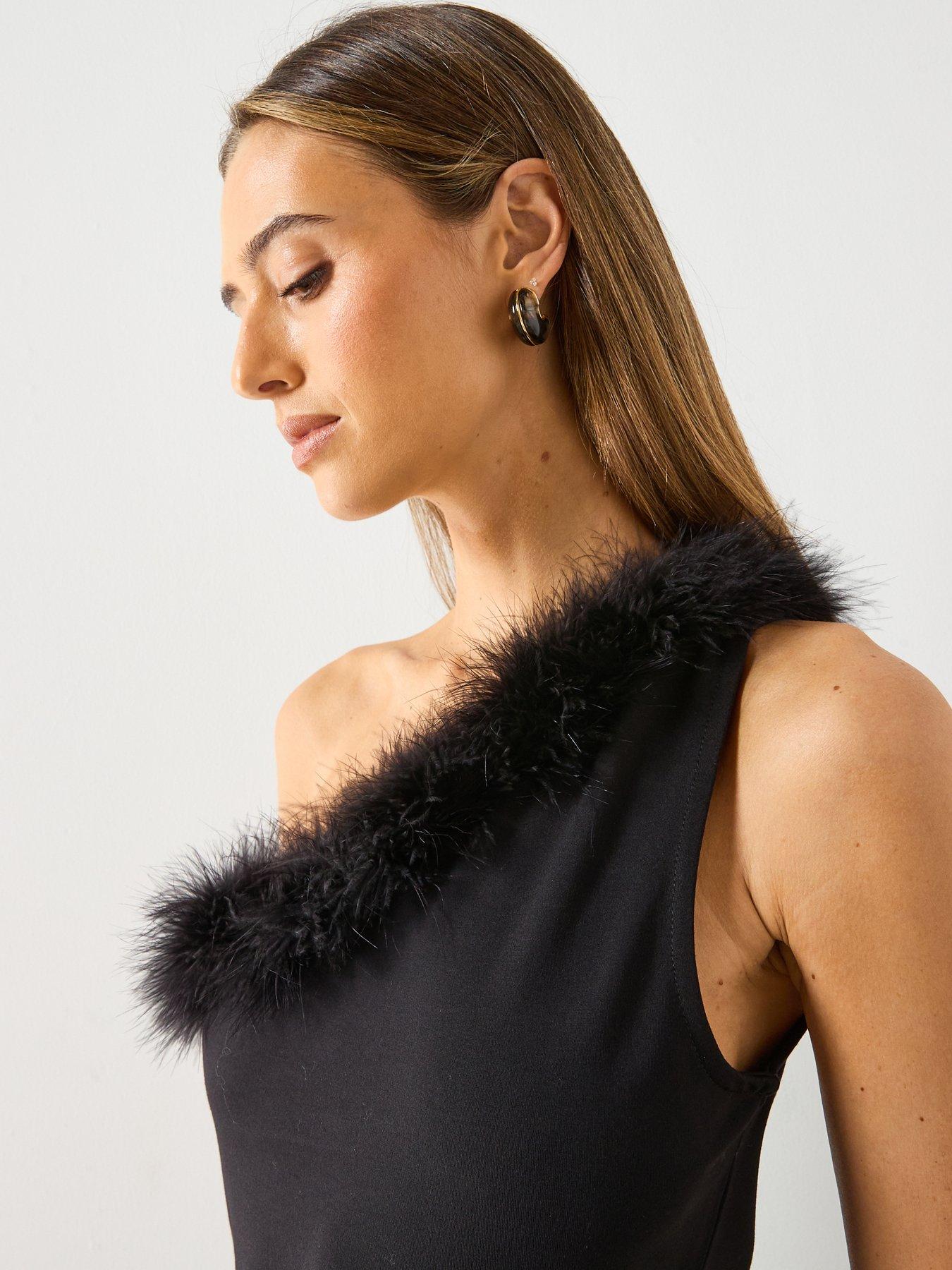  image of mango-feather-detail-one-shoulder-top-black