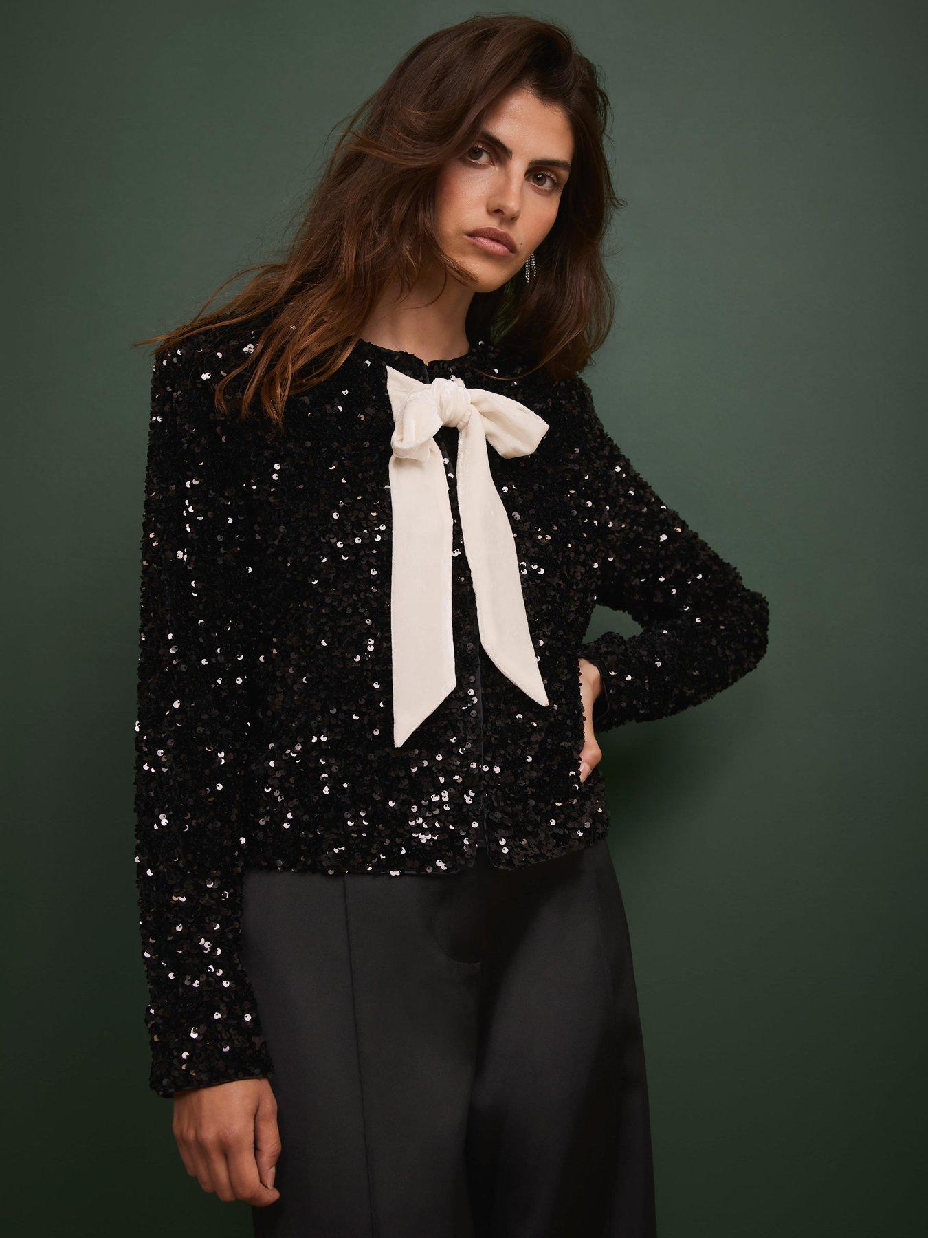 front image of mint-velvet-sequin-bow-jacket-black