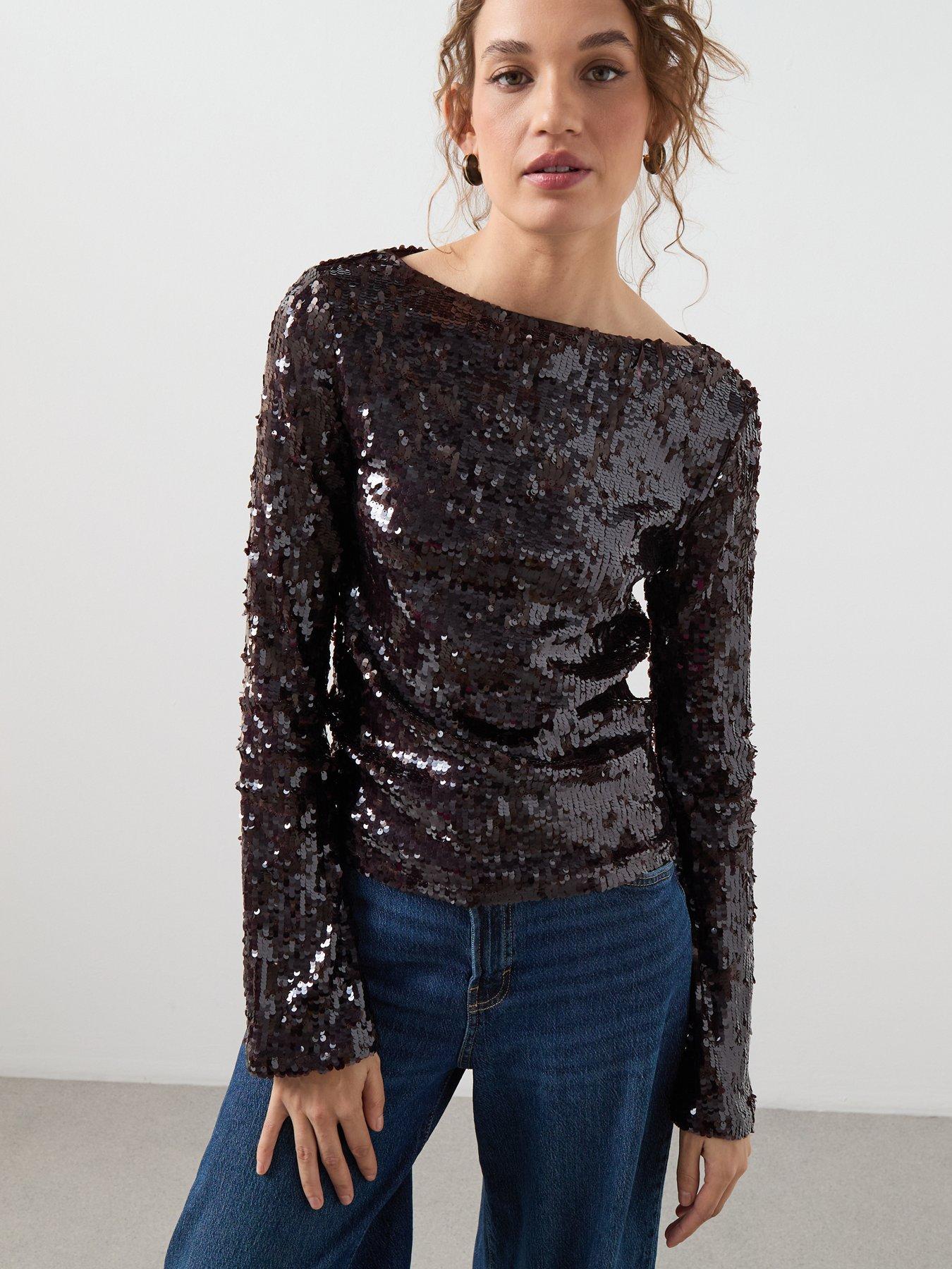 Mango Flared Sleeve Sequin T Shirt - Brown