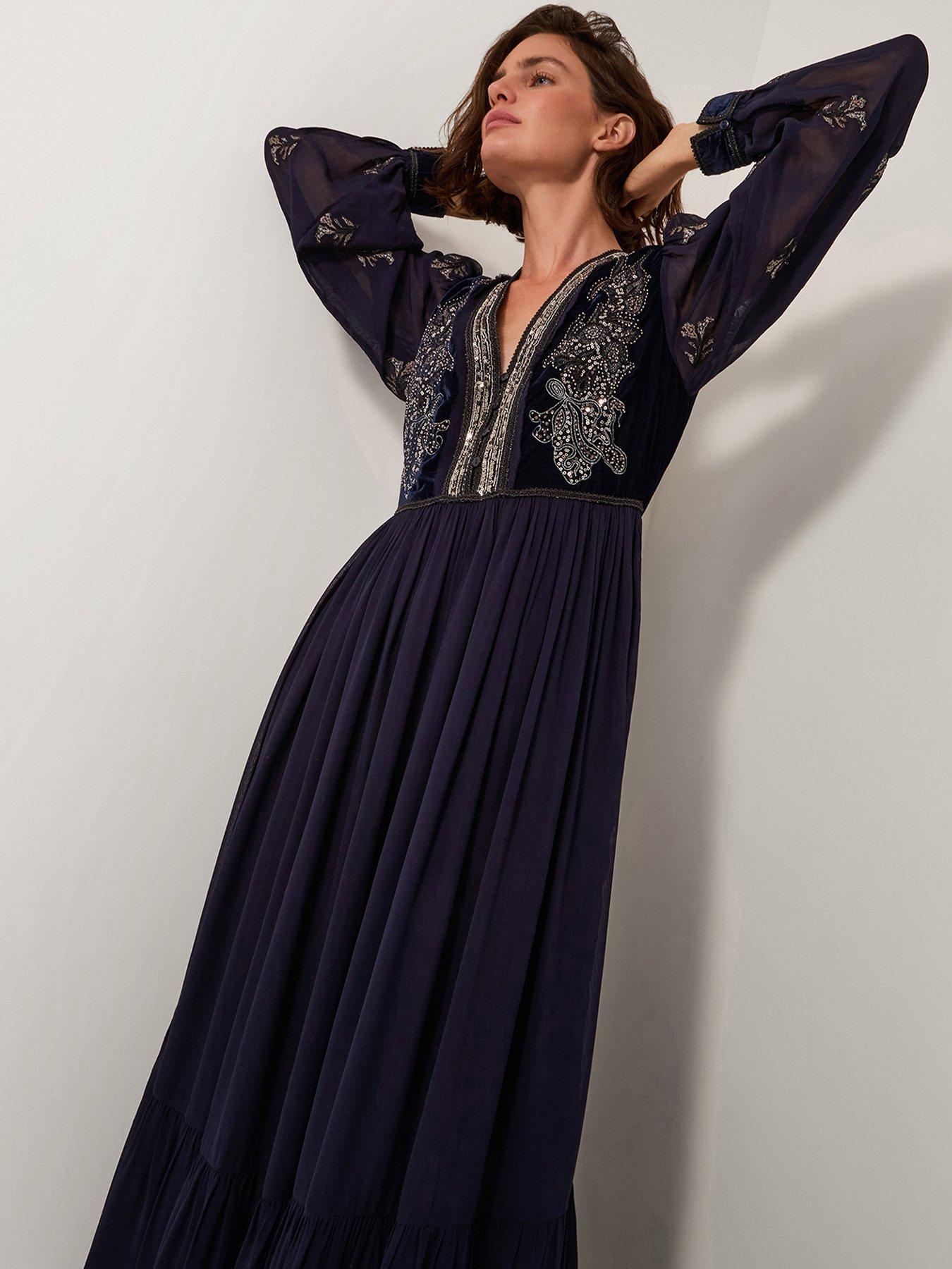 green emerald velvet dress Vintage Navy Embroidered Dress Set – Rose Market Nevada City main image 1
