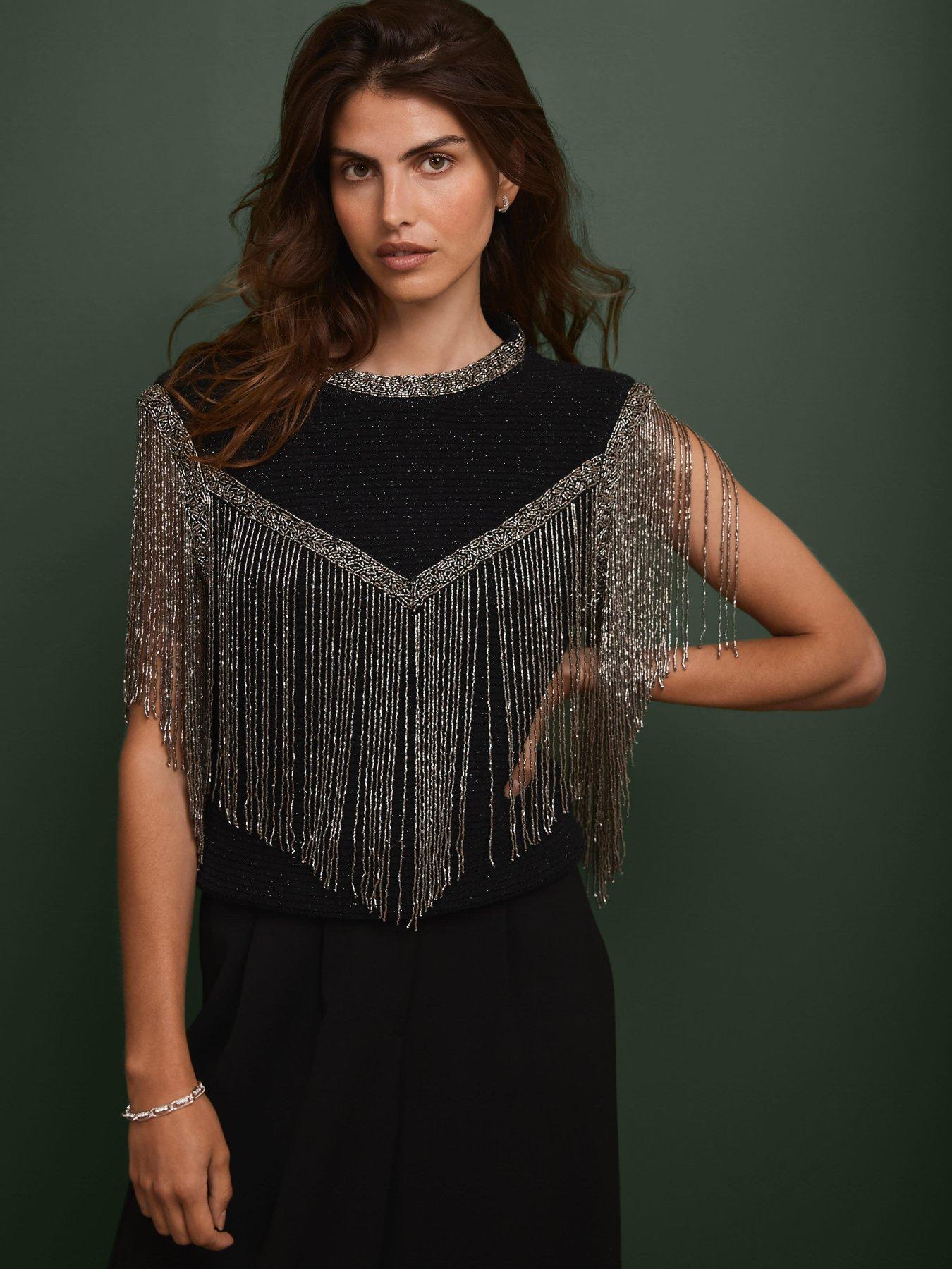 Mint Velvet Embellished Fringe Top - Black
