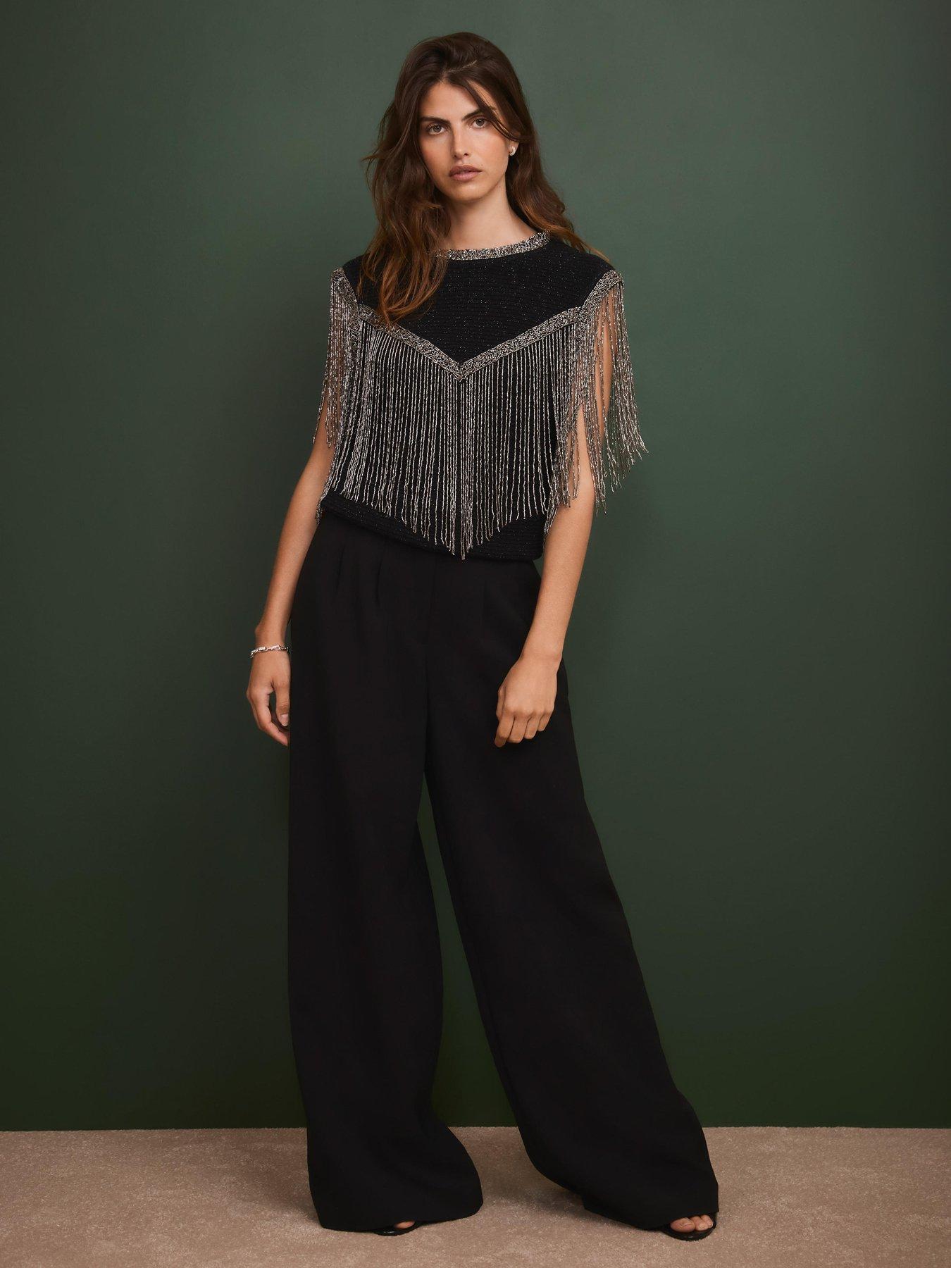  image of mint-velvet-embellished-fringe-top-black