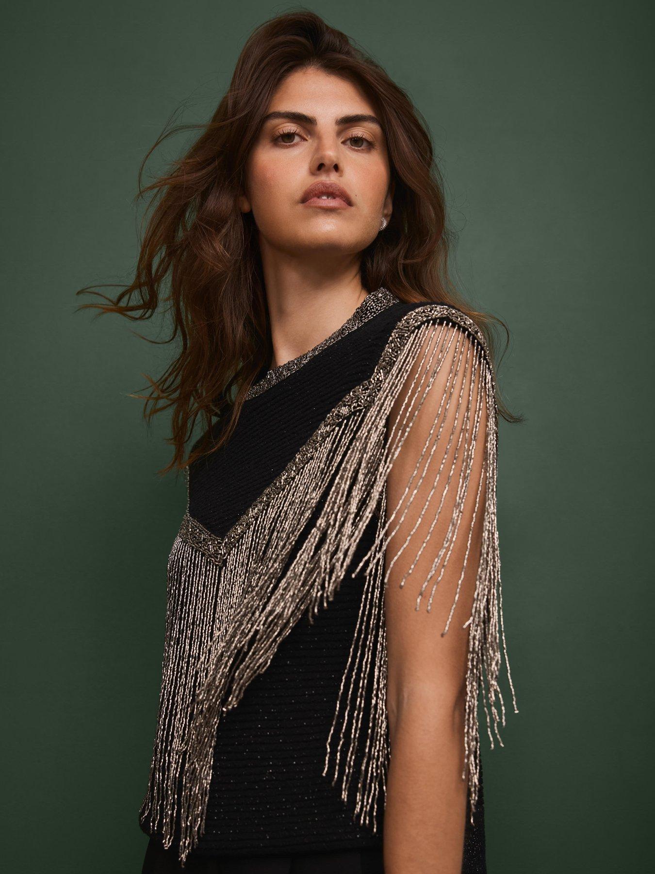  image of mint-velvet-embellished-fringe-top-black