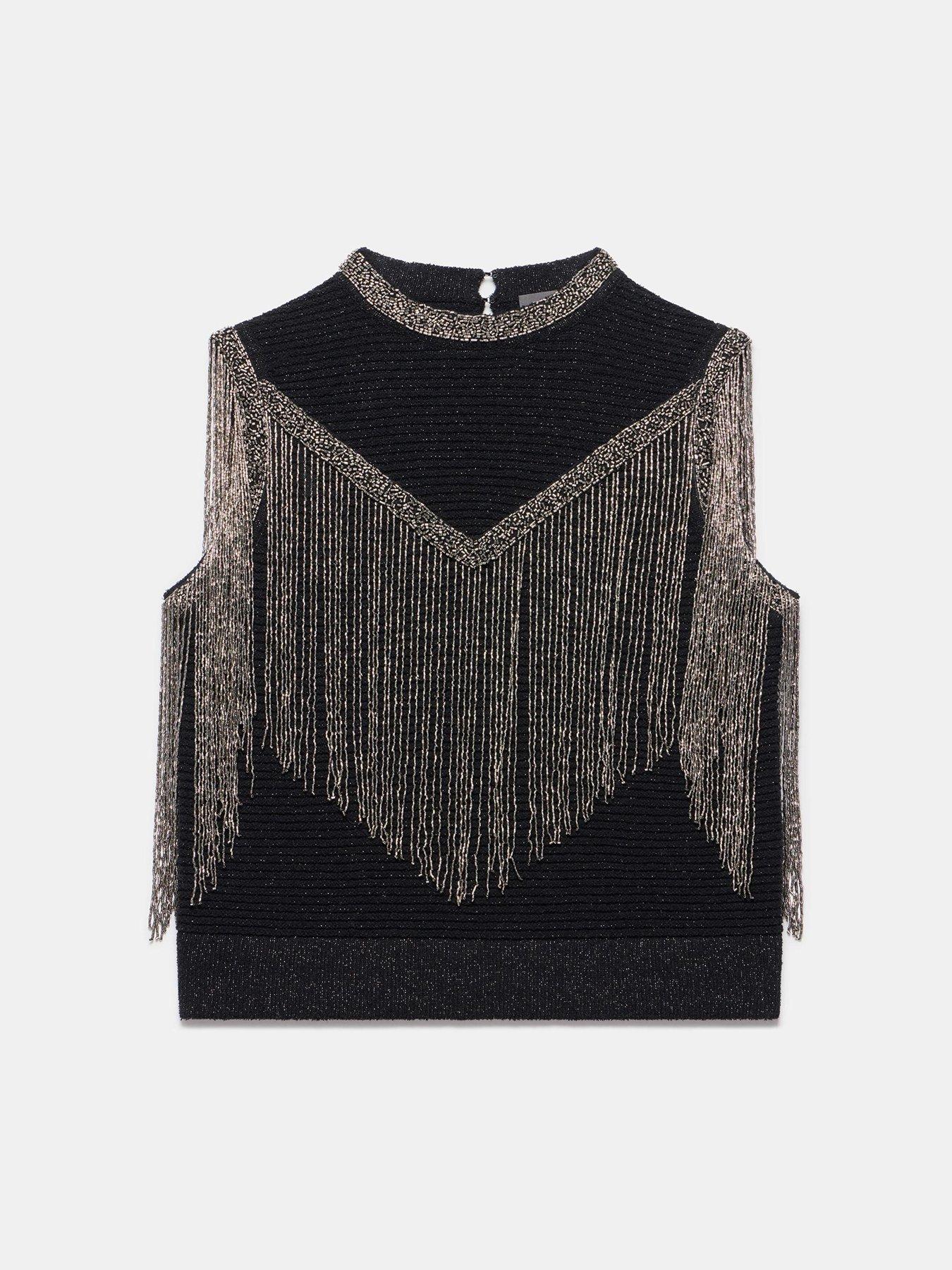  image of mint-velvet-embellished-fringe-top-black