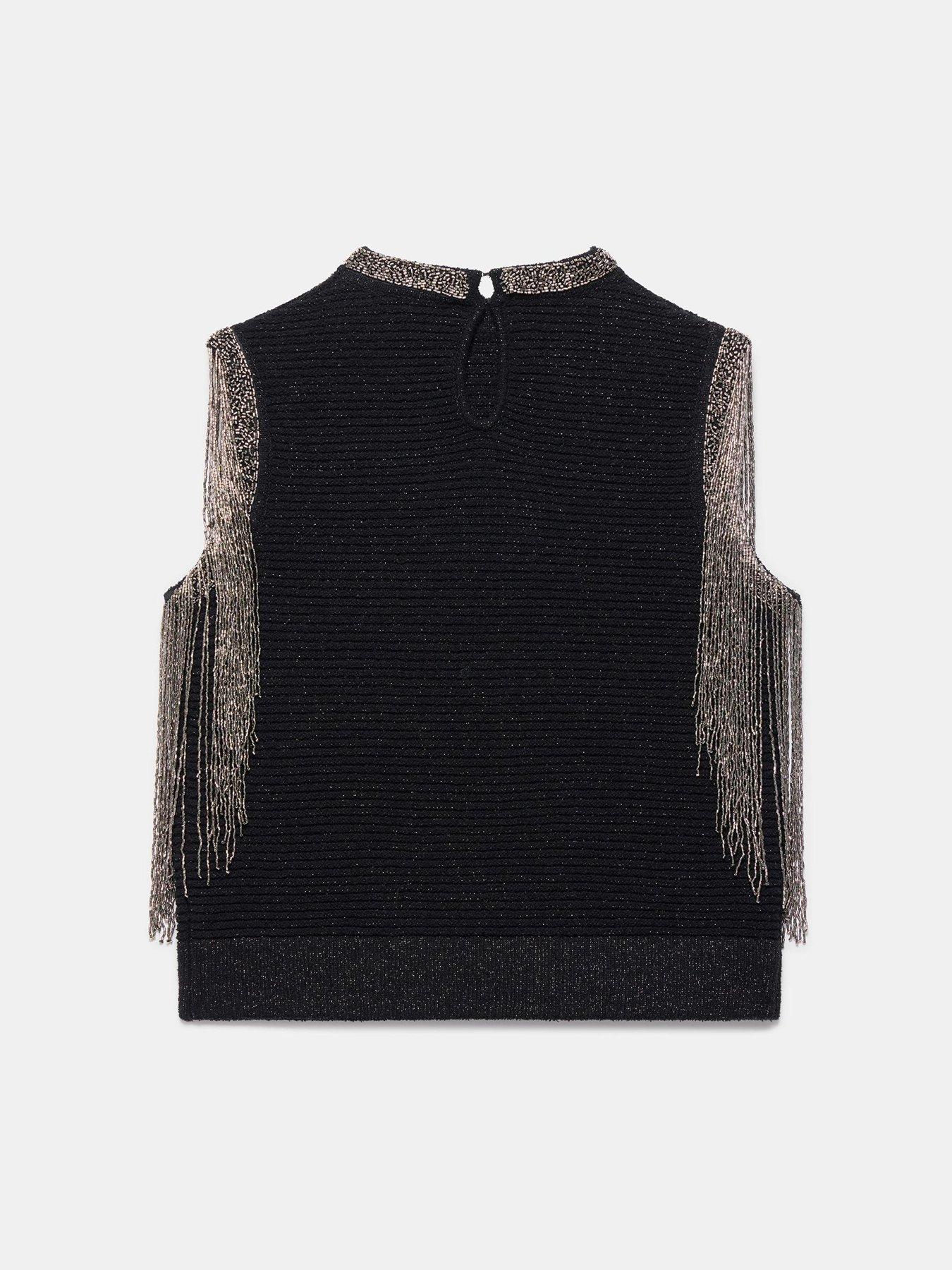  image of mint-velvet-embellished-fringe-top-black