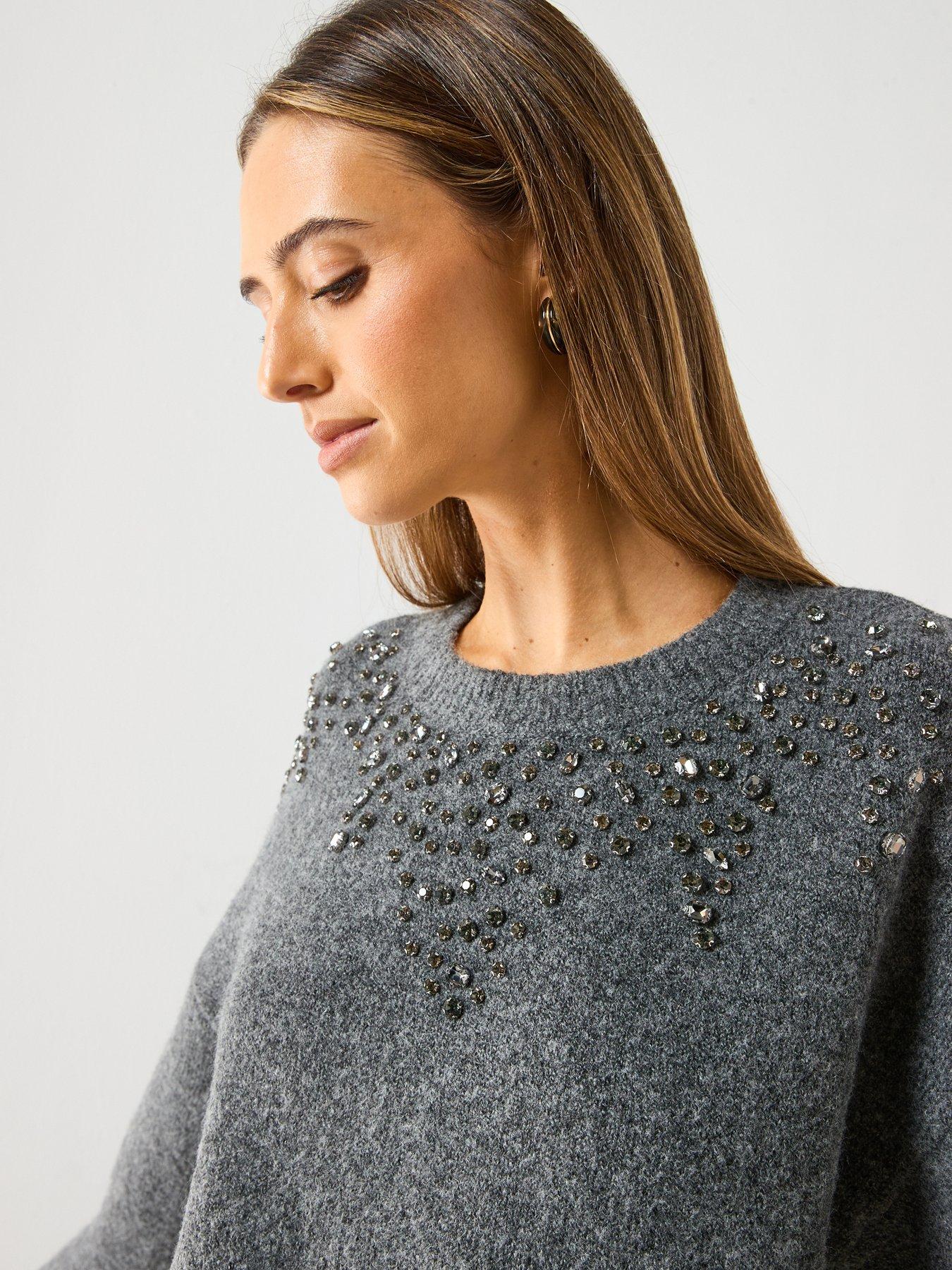  image of mango-oversized-embellished-jumper-grey
