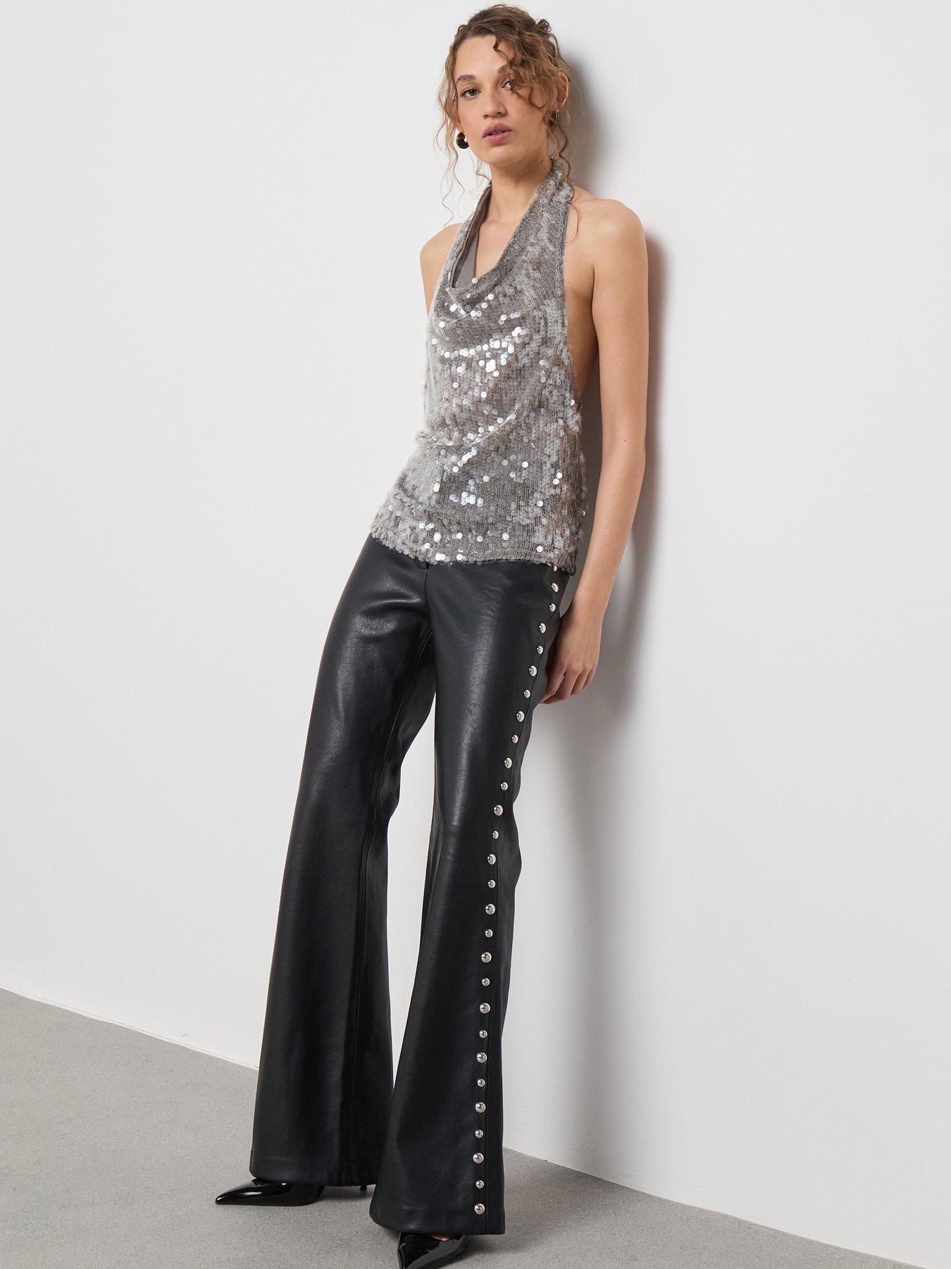  image of mango-studded-faux-leather-trousers-black