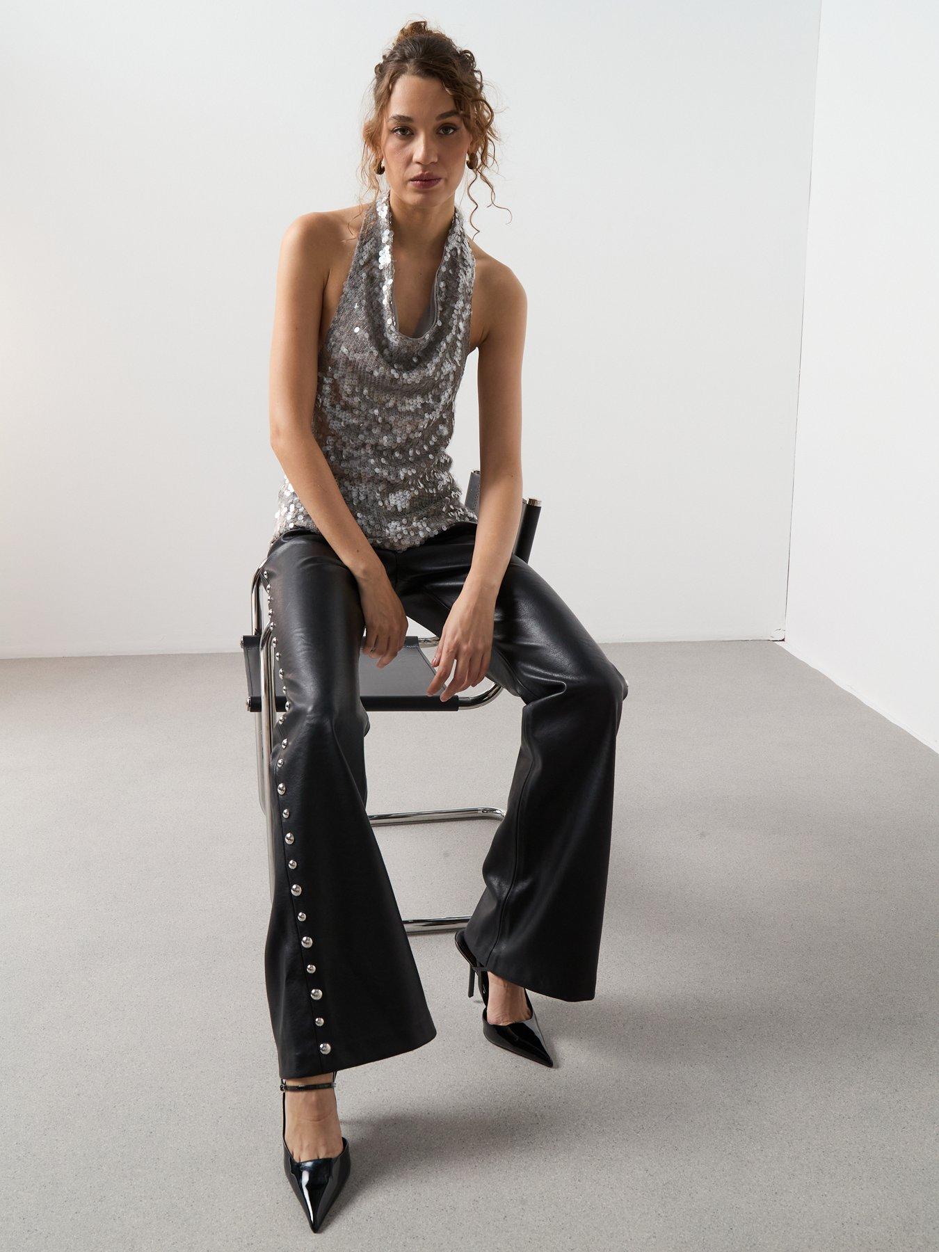  image of mango-studded-faux-leather-trousers-black