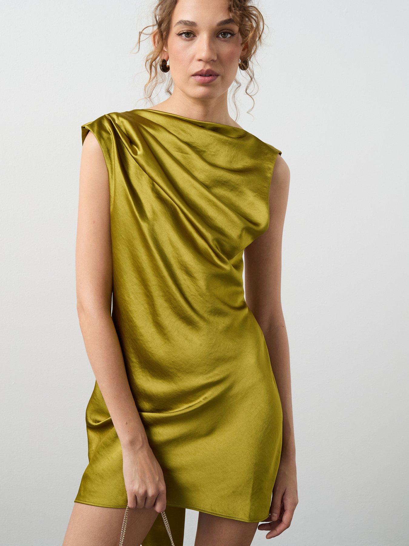  image of mango-drape-detail-satin-mini-dress-green