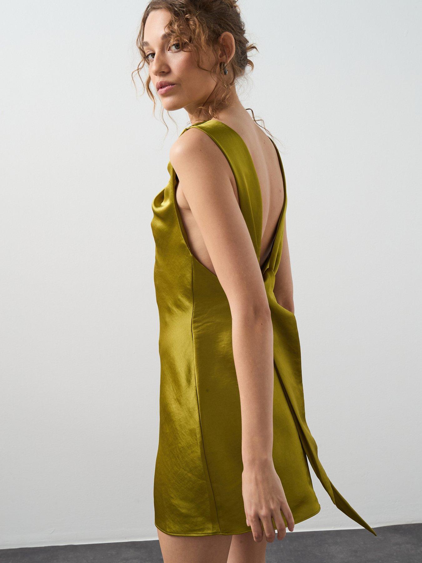  image of mango-drape-detail-satin-mini-dress-green