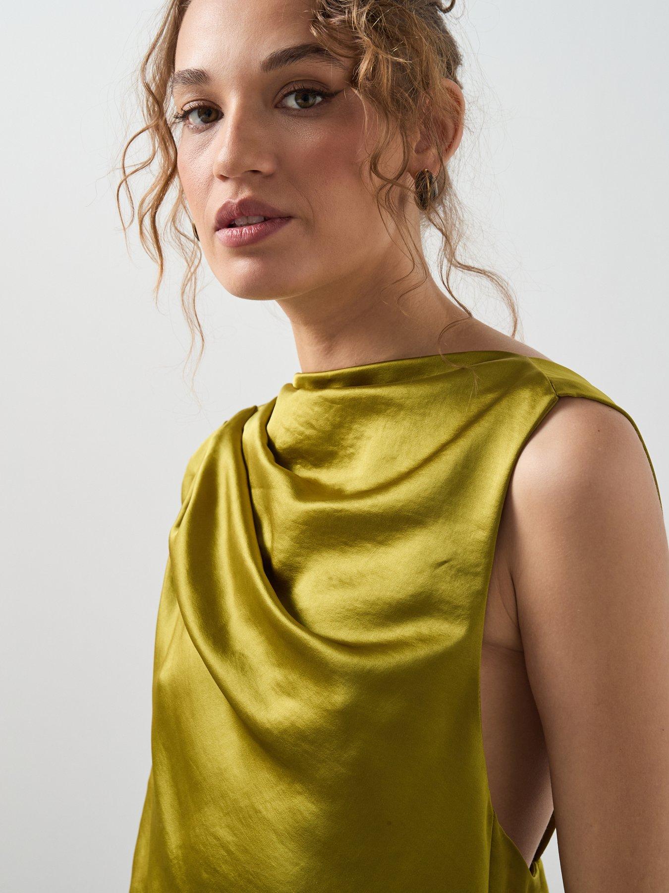  image of mango-drape-detail-satin-mini-dress-green