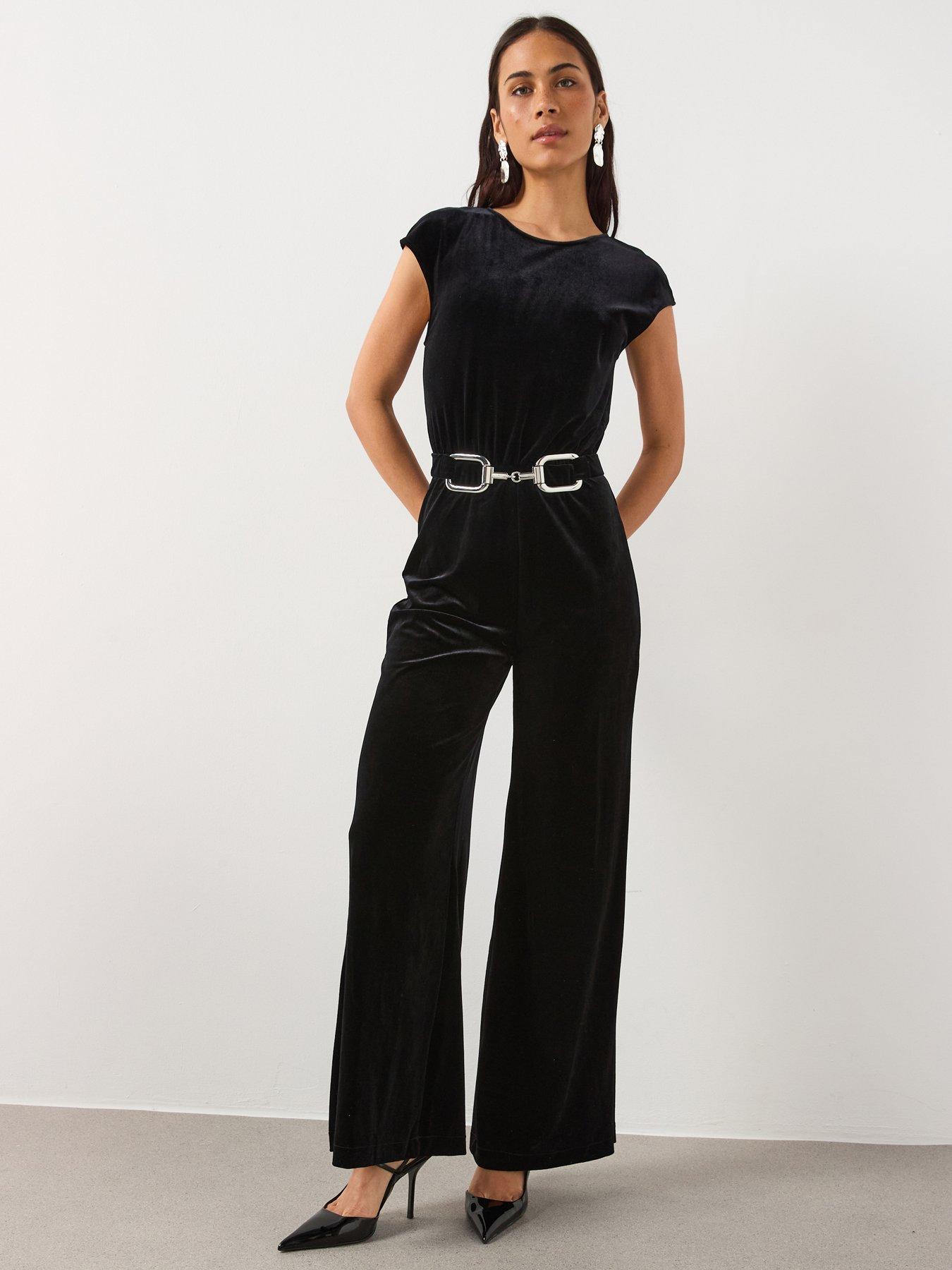 front image of mango-velvet-wide-leg-belted-jumpsuit-black