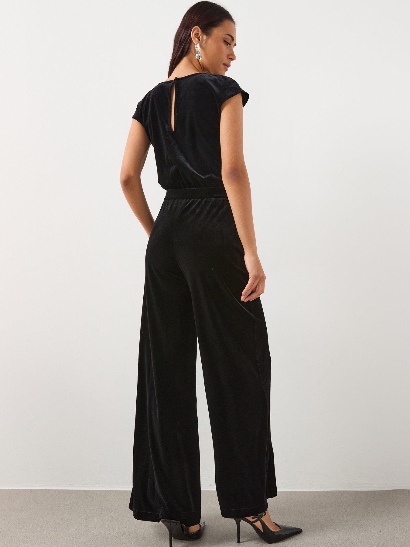  image of mango-velvet-wide-leg-belted-jumpsuit-black
