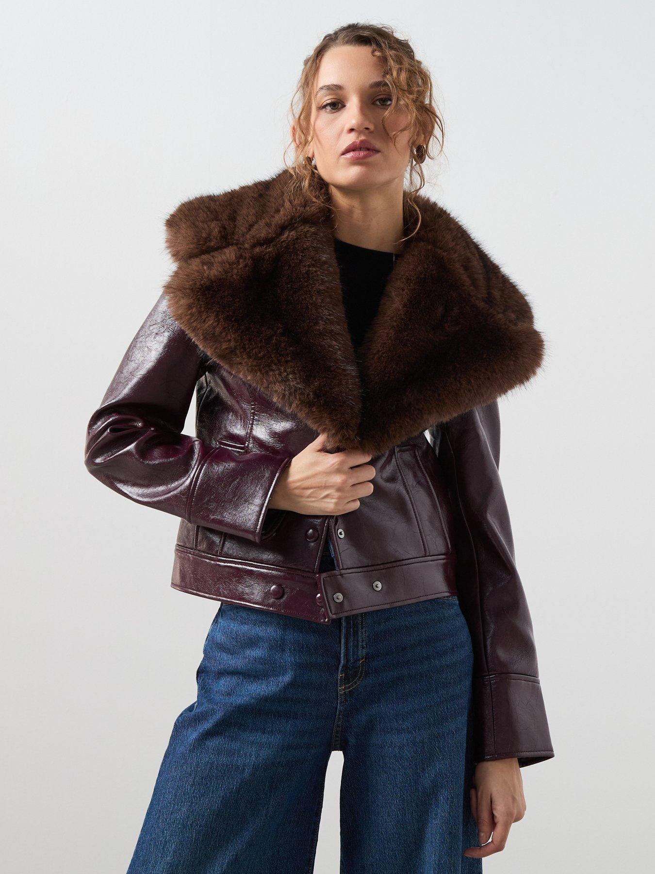 front image of mango-faux-fur-collar-biker-jacket-dark-red