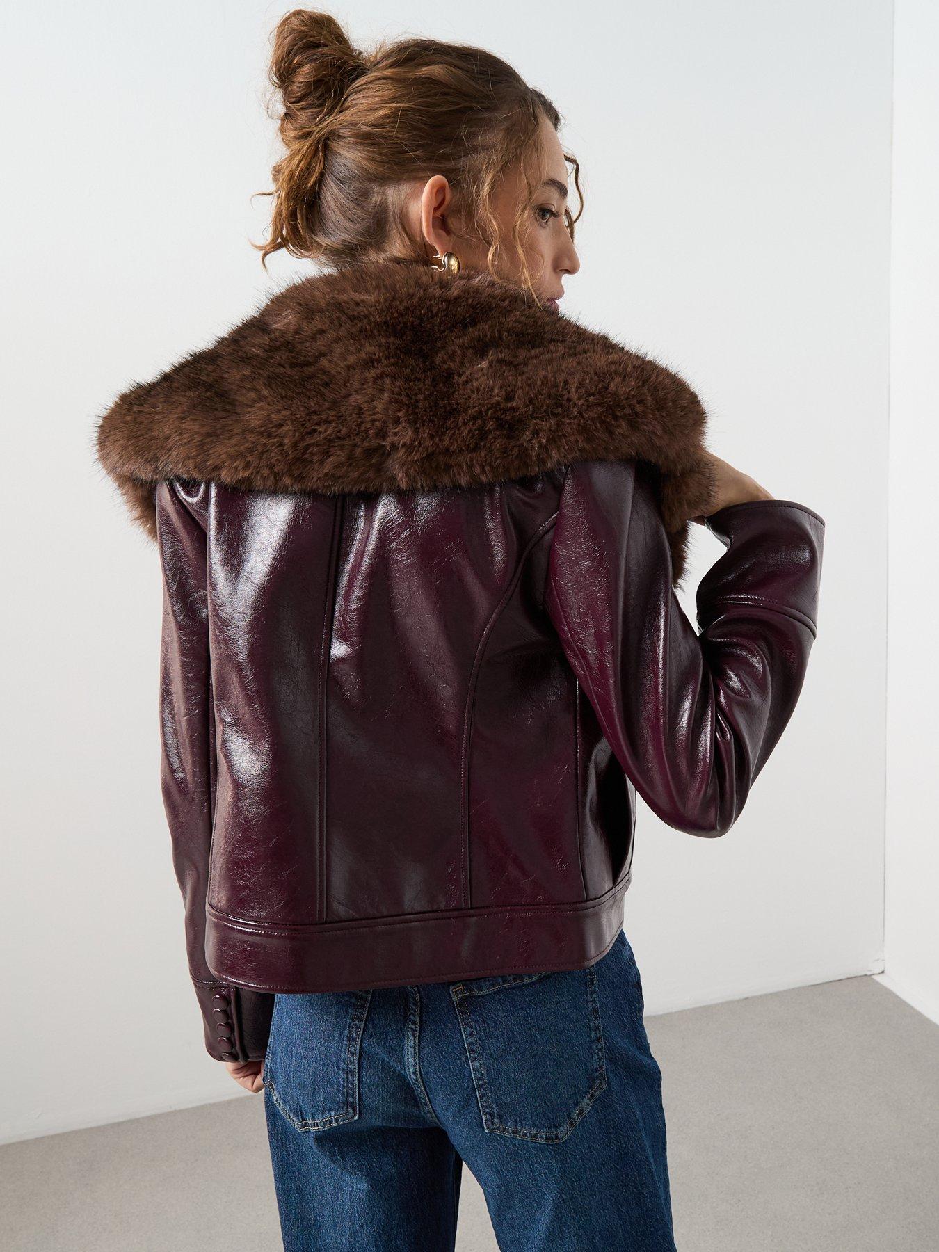 stillFront image of mango-faux-fur-collar-biker-jacket-dark-red