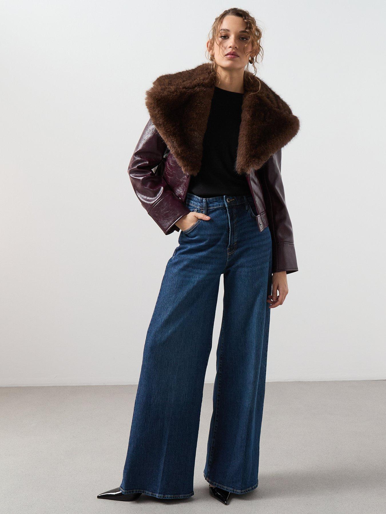  image of mango-faux-fur-collar-biker-jacket-dark-red