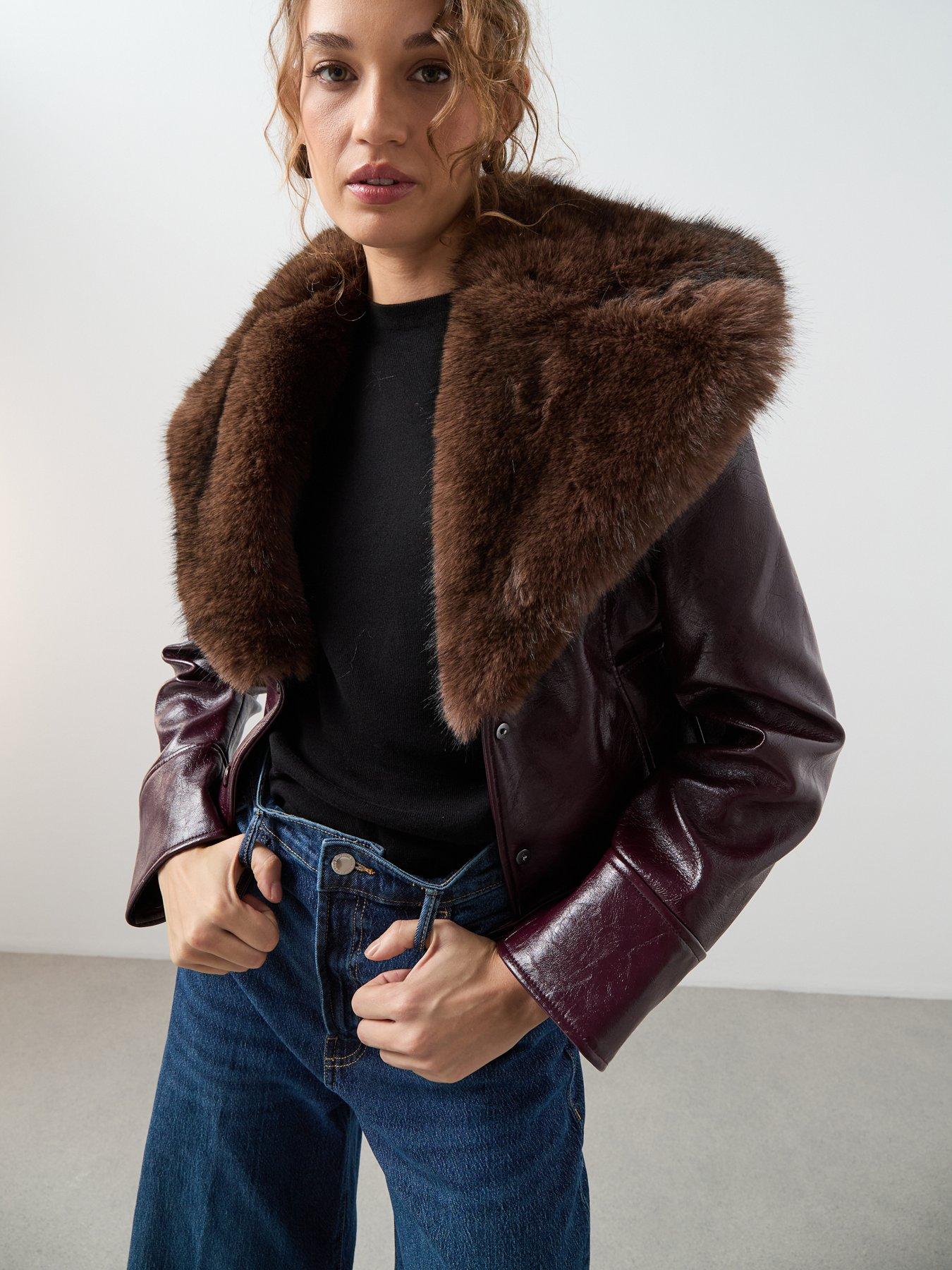  image of mango-faux-fur-collar-biker-jacket-dark-red