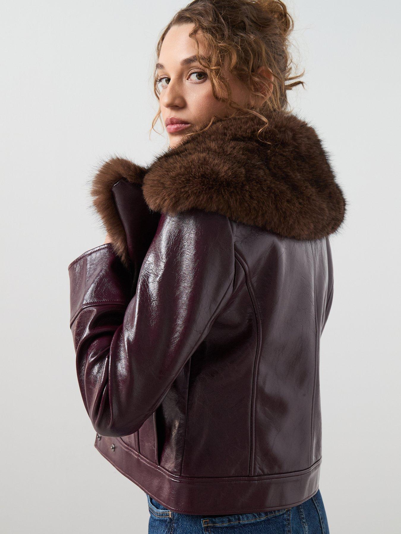  image of mango-faux-fur-collar-biker-jacket-dark-red