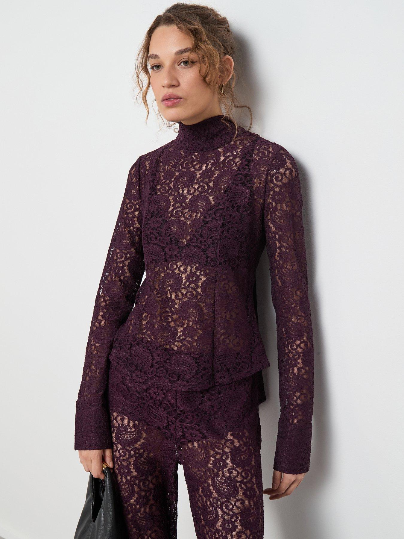 front image of mango-lace-long-sleeve-tie-neck-blouse-red