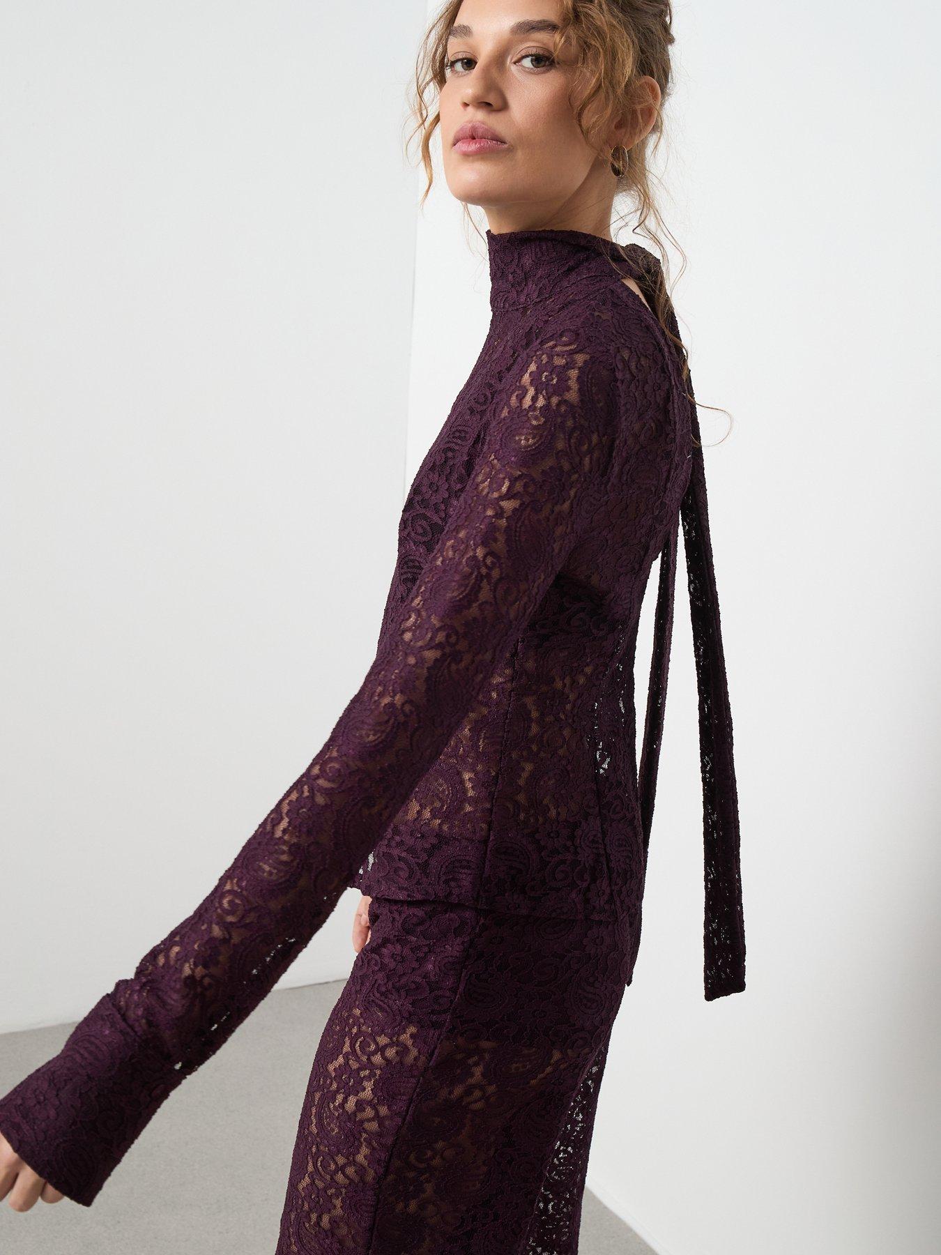  image of mango-lace-long-sleeve-tie-neck-blouse-red