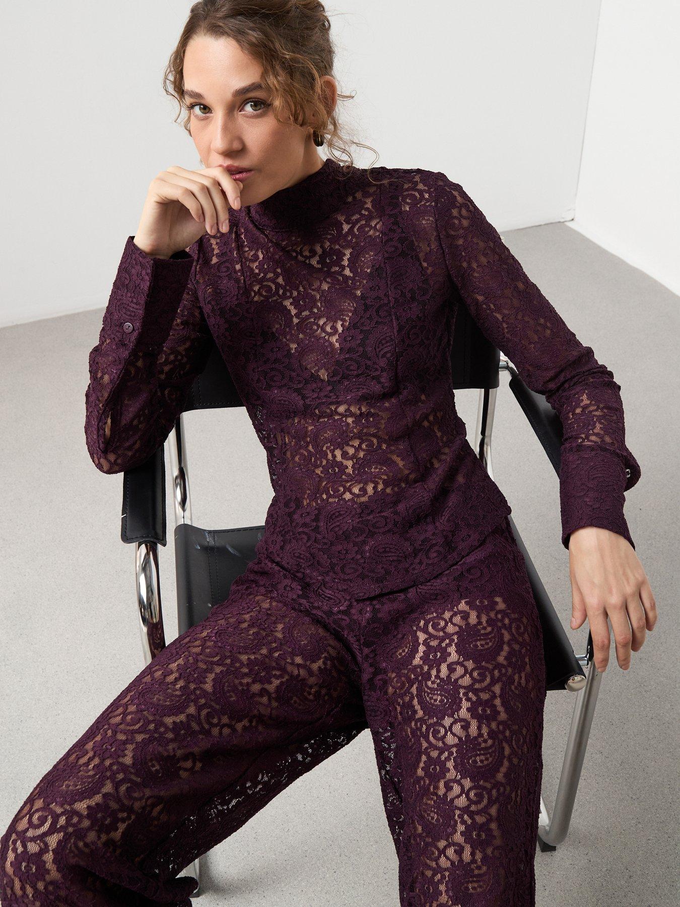  image of mango-lace-long-sleeve-tie-neck-blouse-red