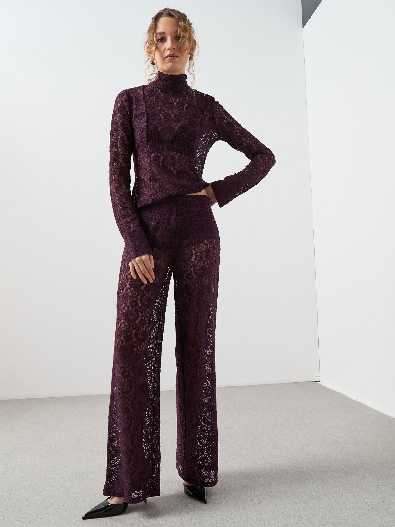  image of mango-lace-long-sleeve-tie-neck-blouse-red