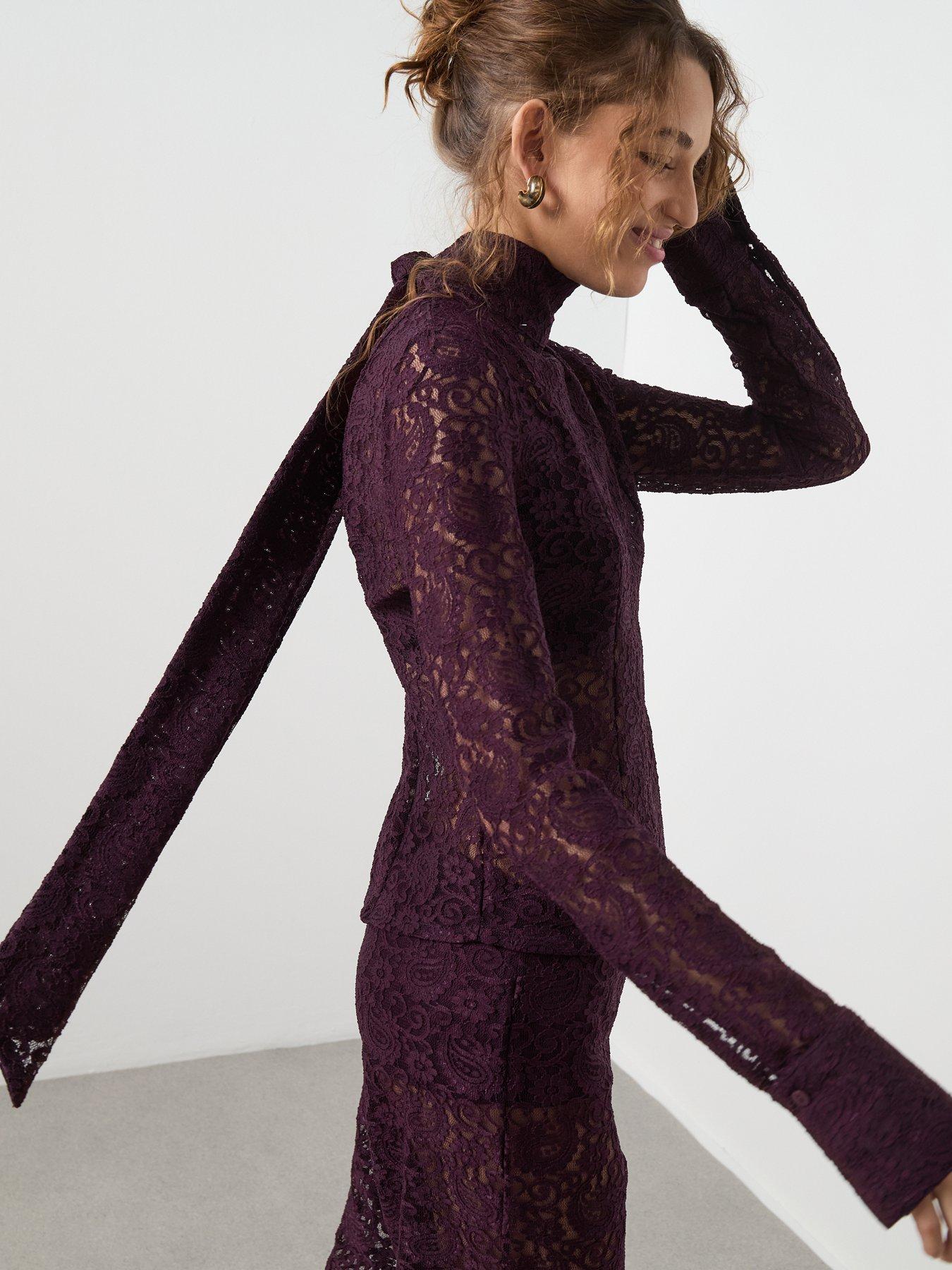  image of mango-lace-long-sleeve-tie-neck-blouse-red