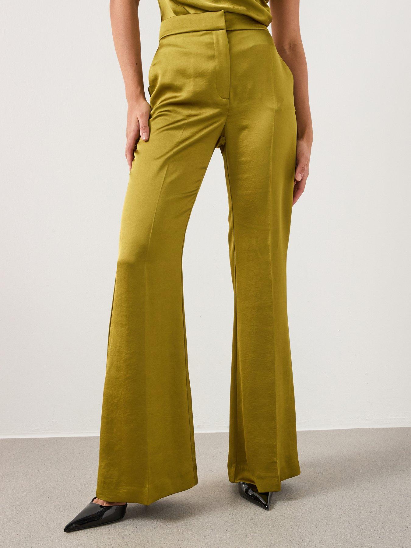 front image of mango-satin-tailored-flare-trouser-green