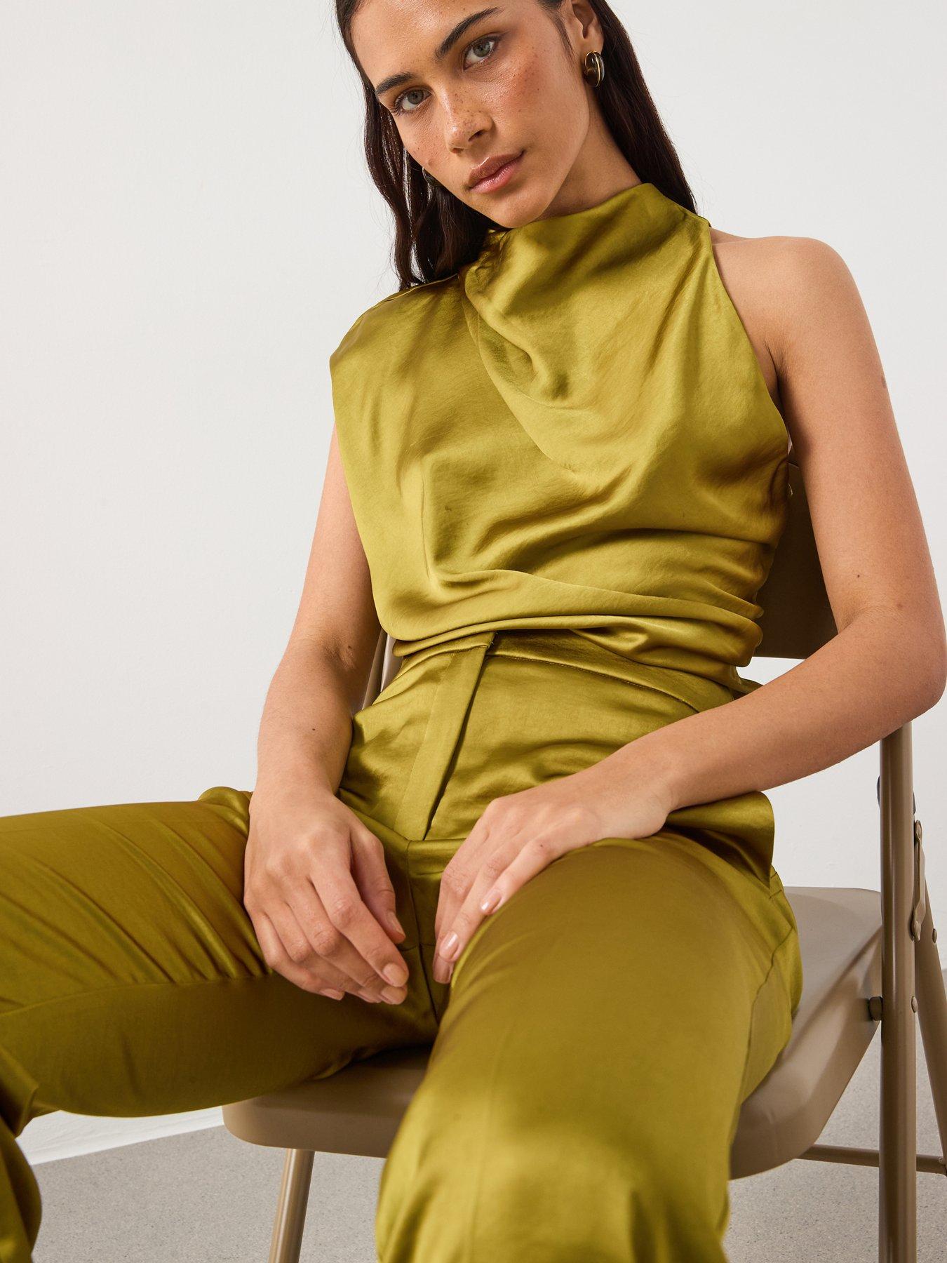  image of mango-satin-tailored-flare-trouser-green