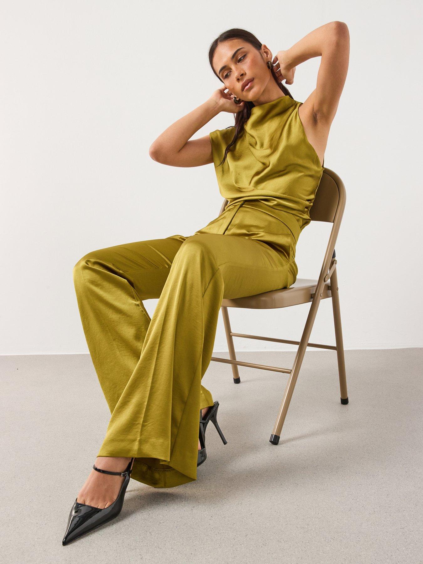  image of mango-satin-tailored-flare-trouser-green