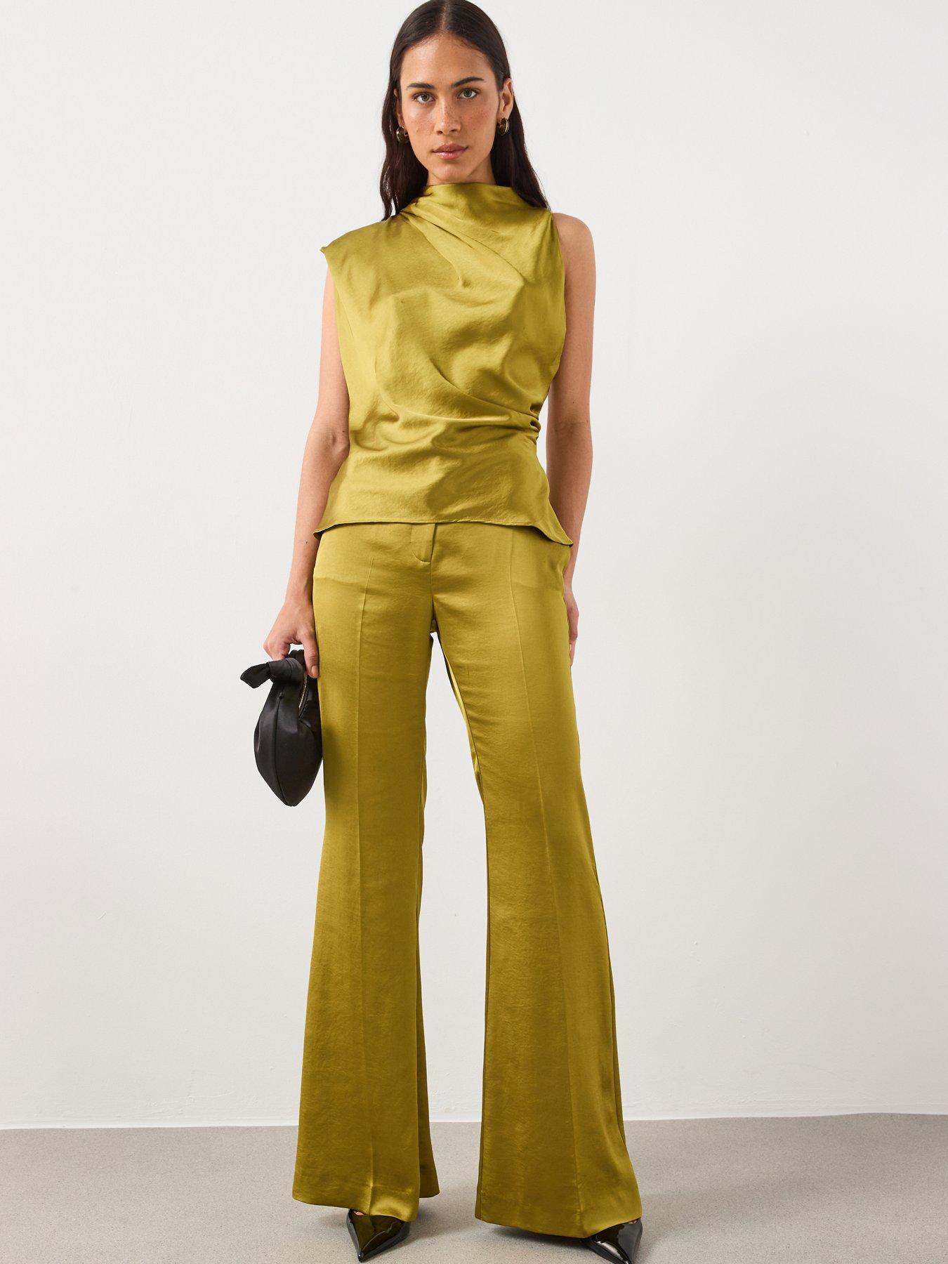  image of mango-satin-tailored-flare-trouser-green