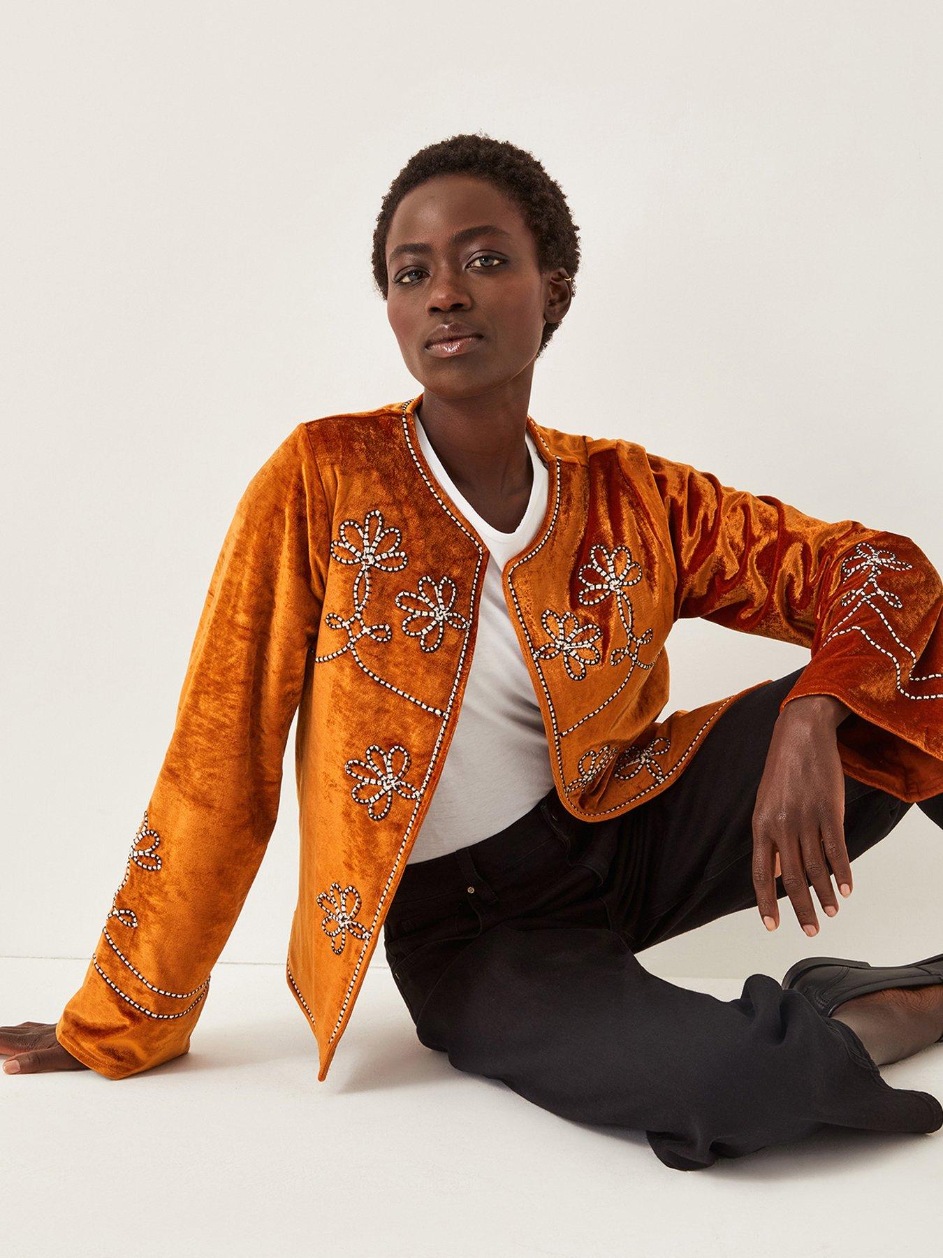 Monsoon Venus Velvet Embroidered Jacket - Orange