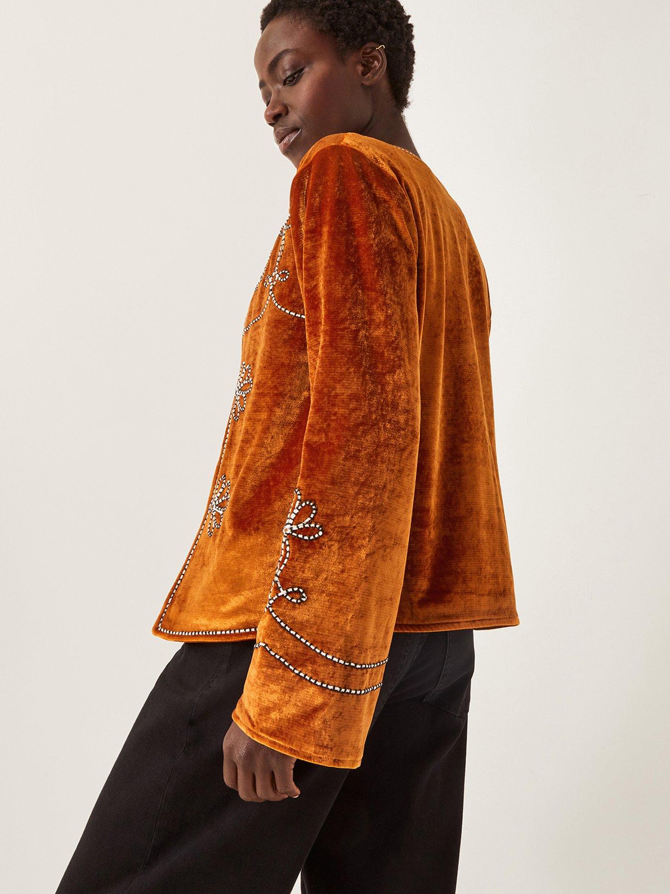  image of monsoon-venus-velvet-embroidered-jacket-orange