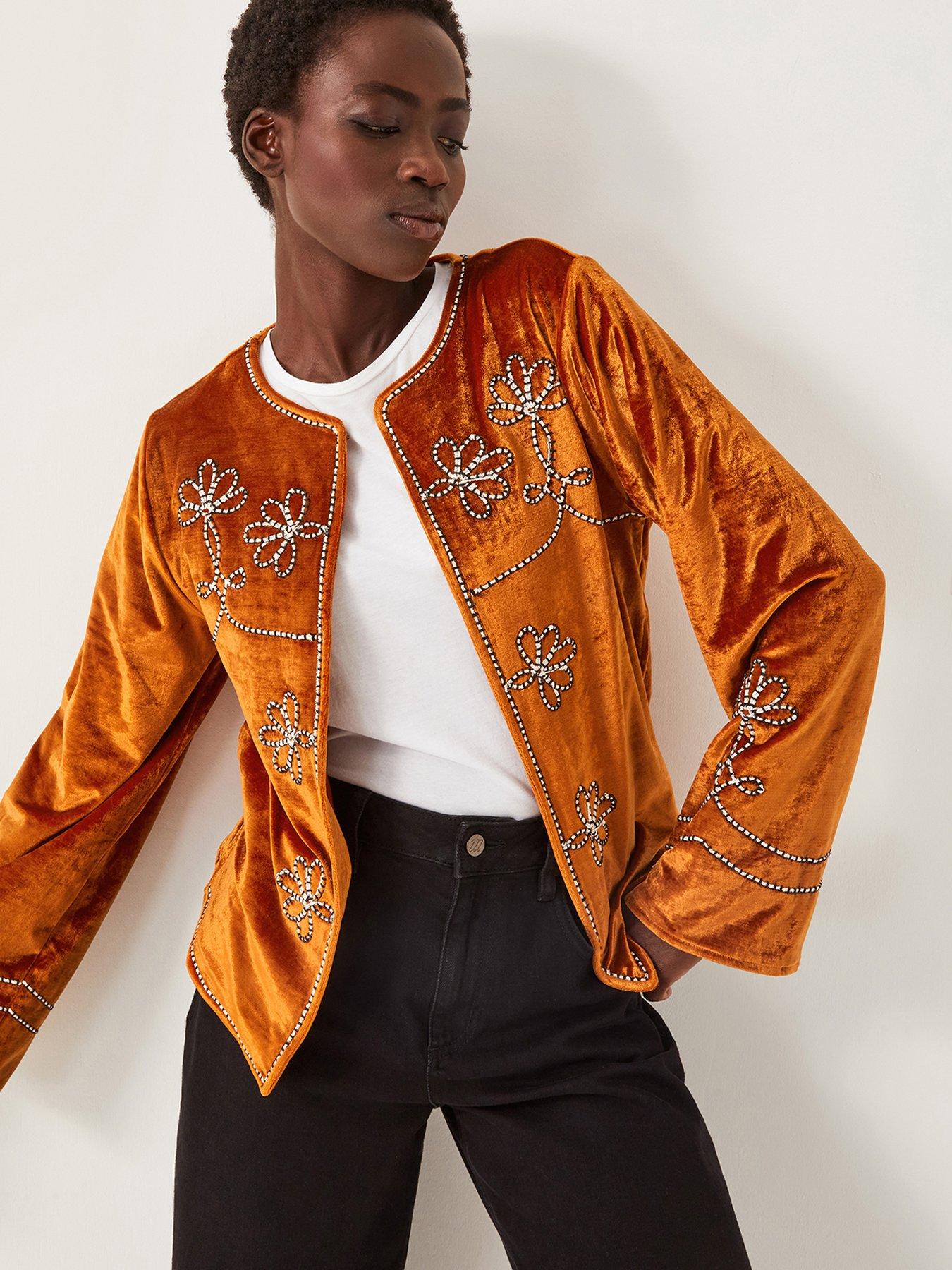  image of monsoon-venus-velvet-embroidered-jacket-orange