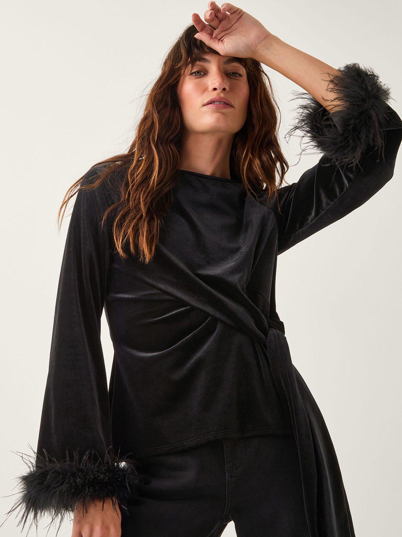 Monsoon Freya Feather Velvet Top - Black