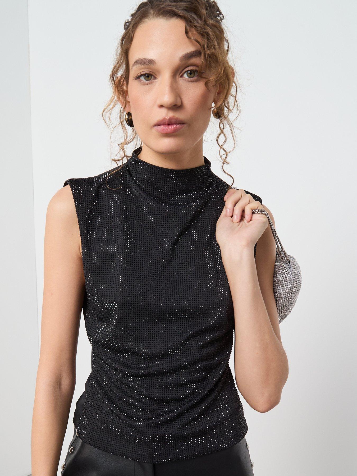  image of mango-rhinestone-perkins-neck-top-black