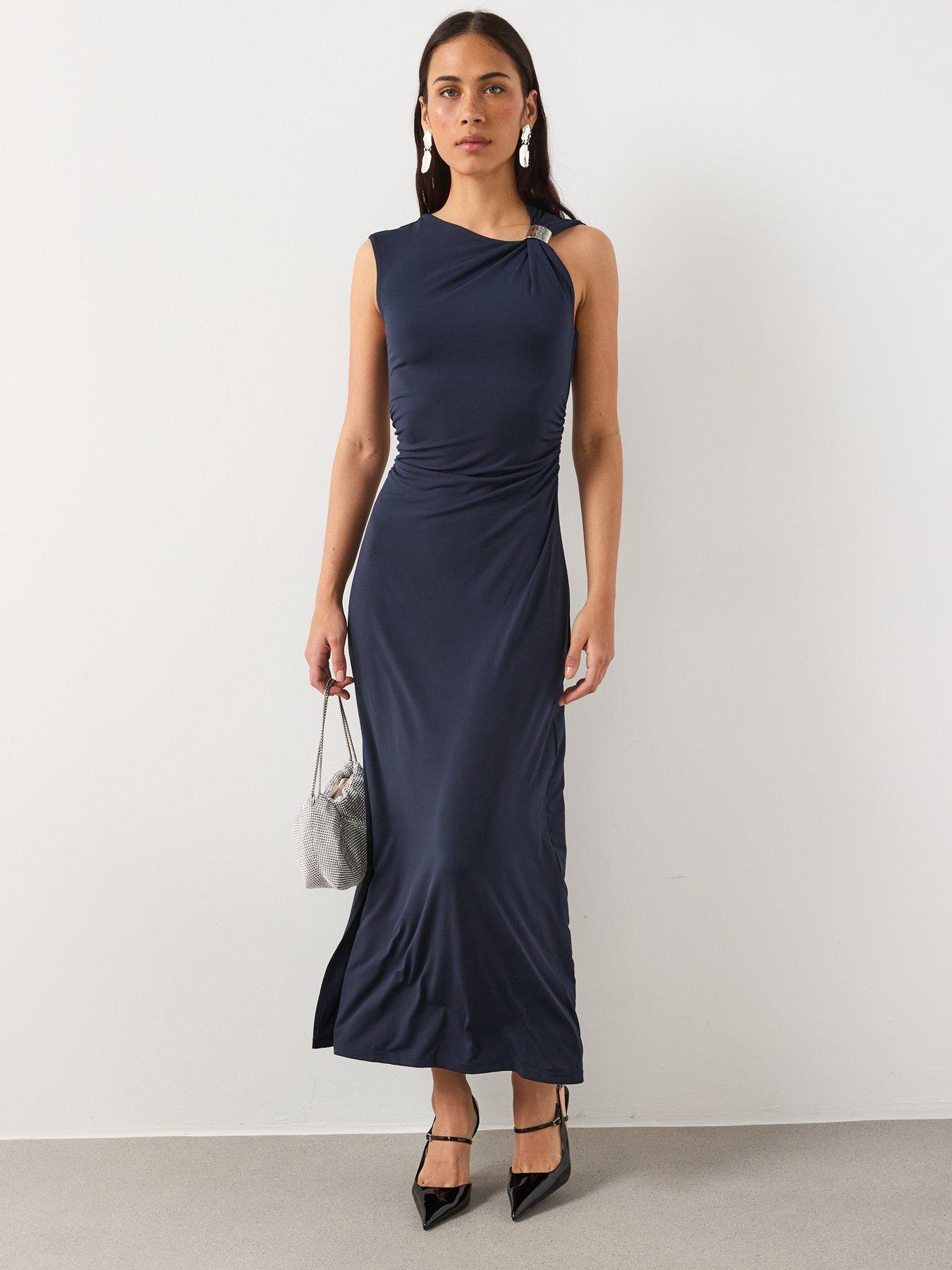 front image of mango-fitted-dress-with-metal-detail-navy